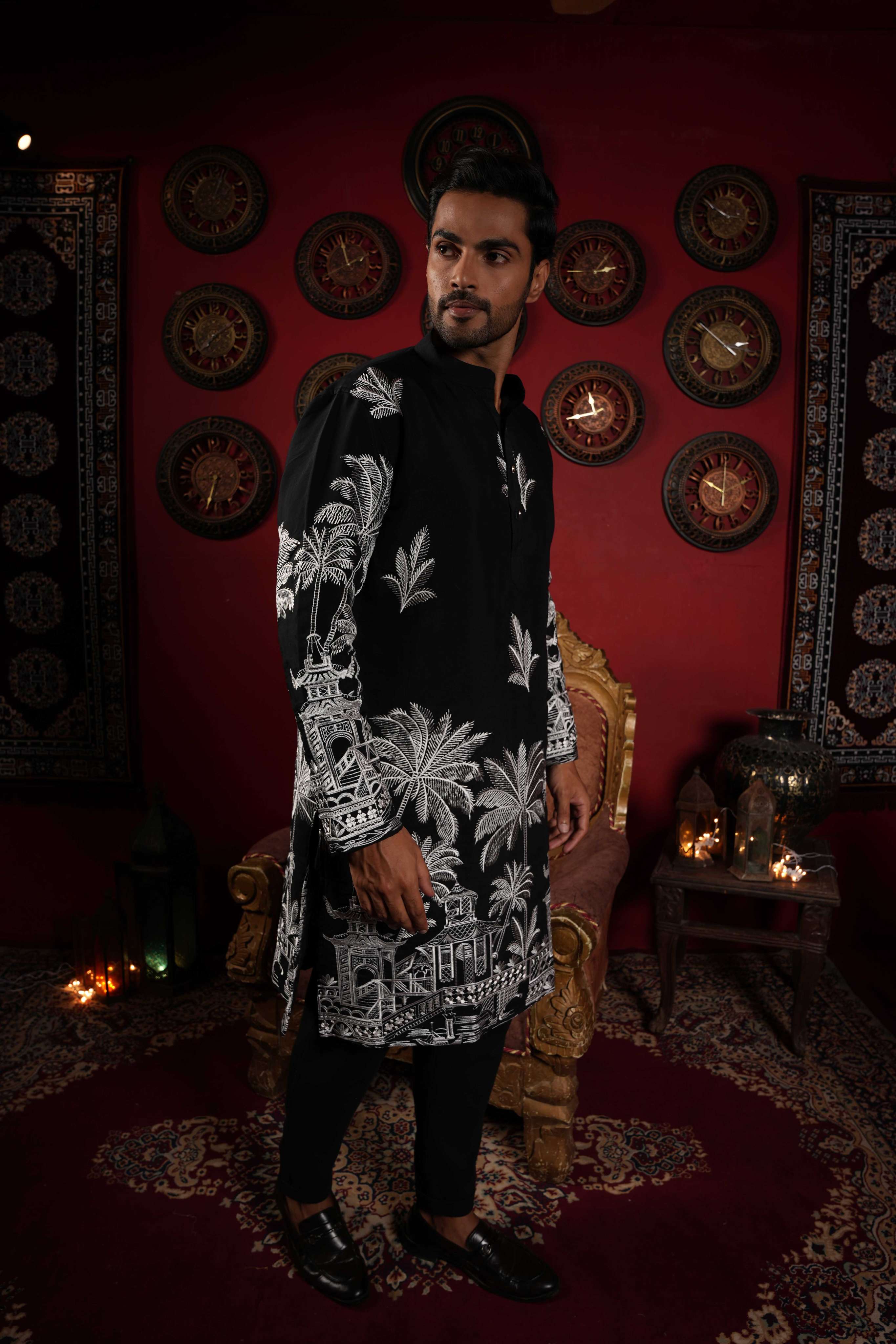 The Black Palm Paradise Embroidery Long Kurta