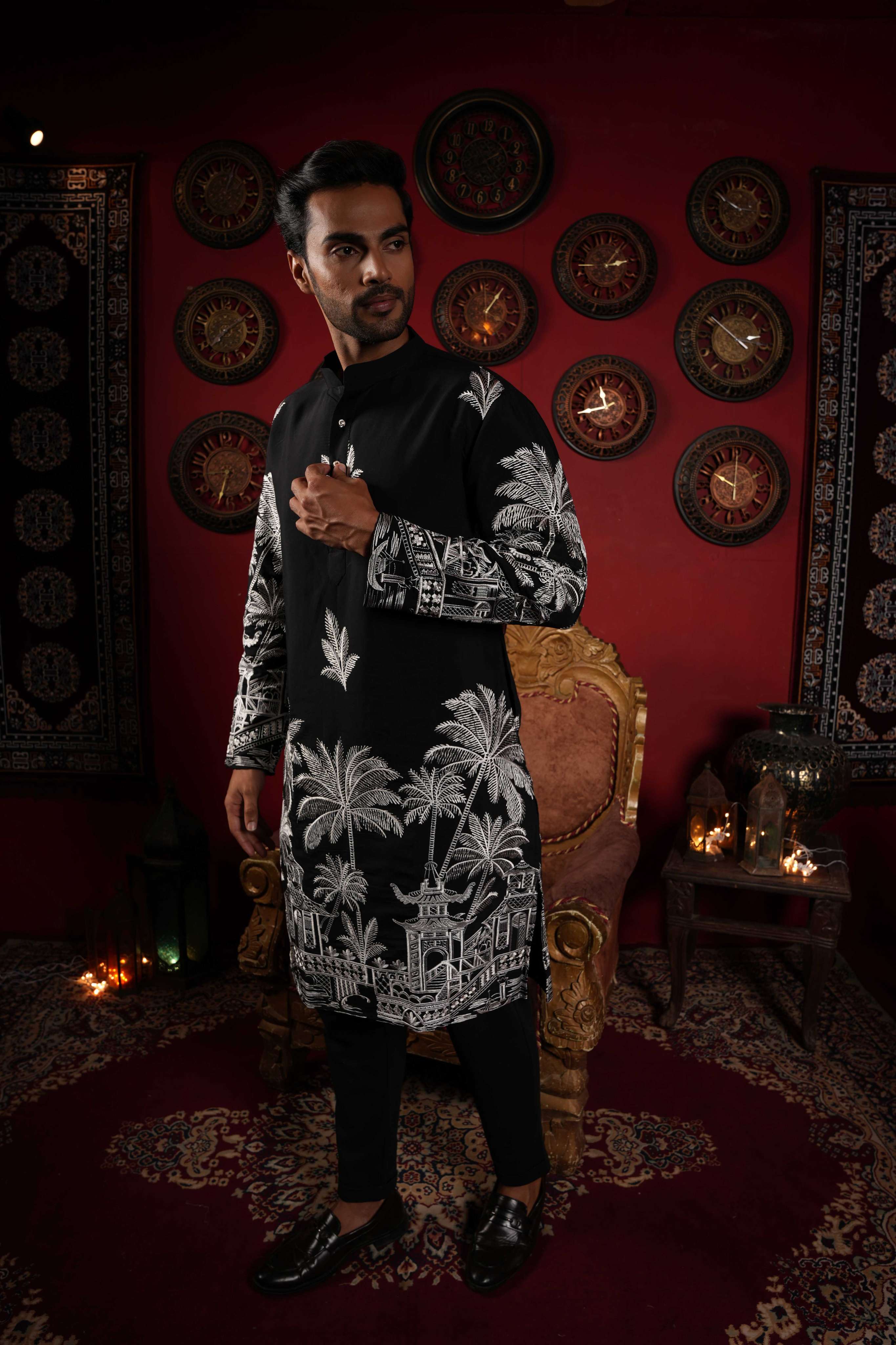 The Black Palm Paradise Embroidery Long Kurta