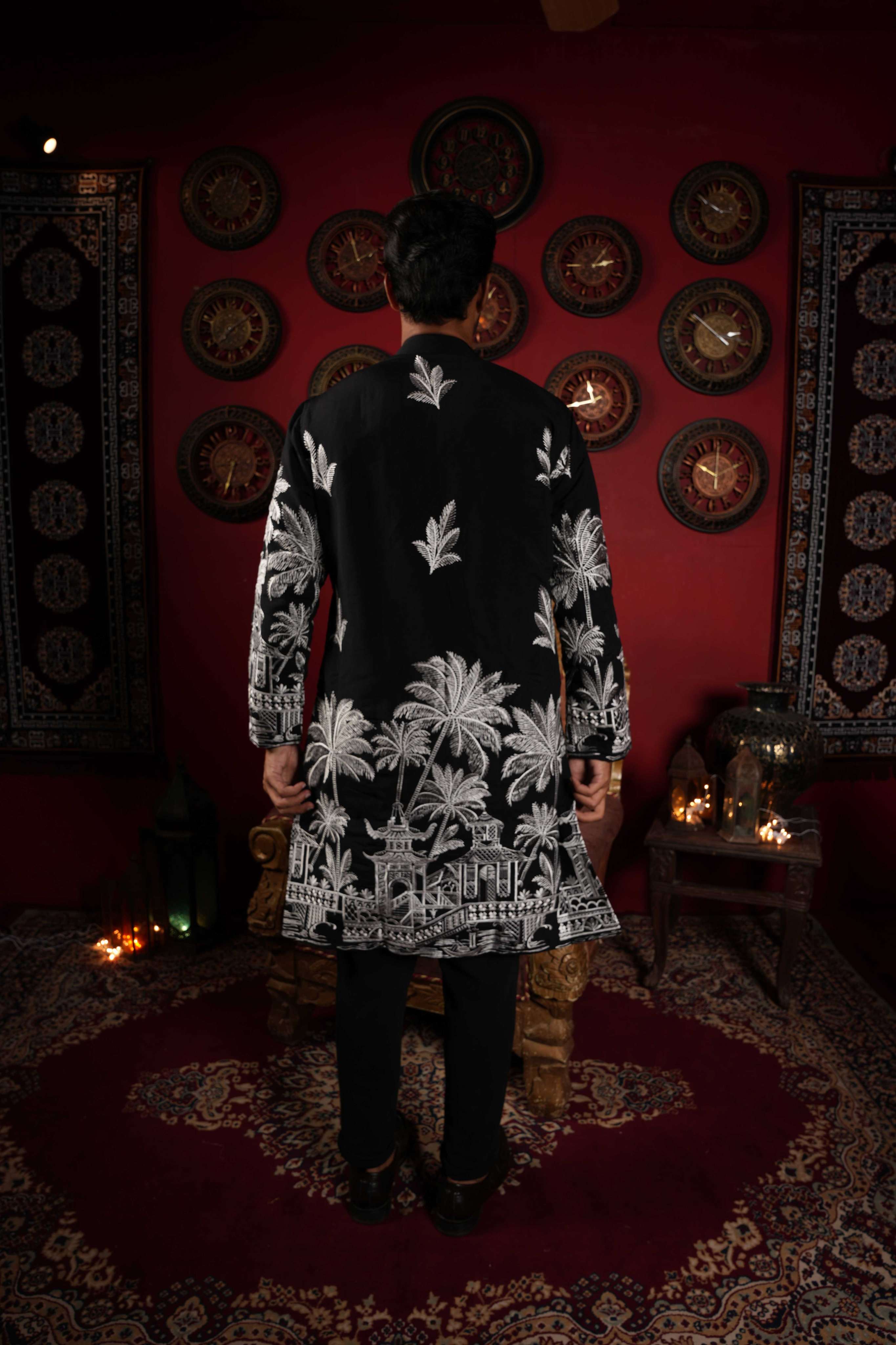 The Black Palm Paradise Embroidery Long Kurta