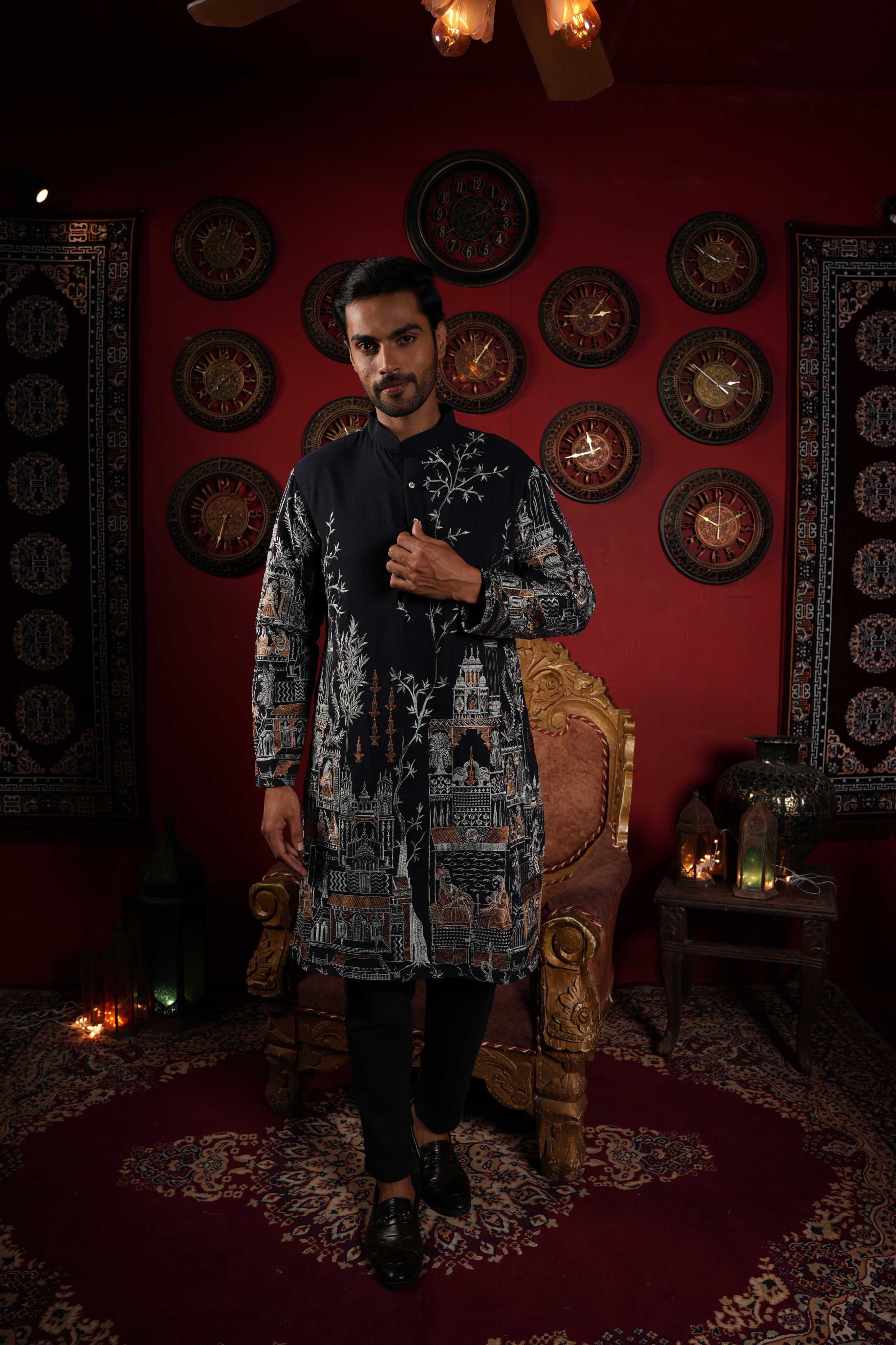 Midnight Blue Castle Embroidery Kurta