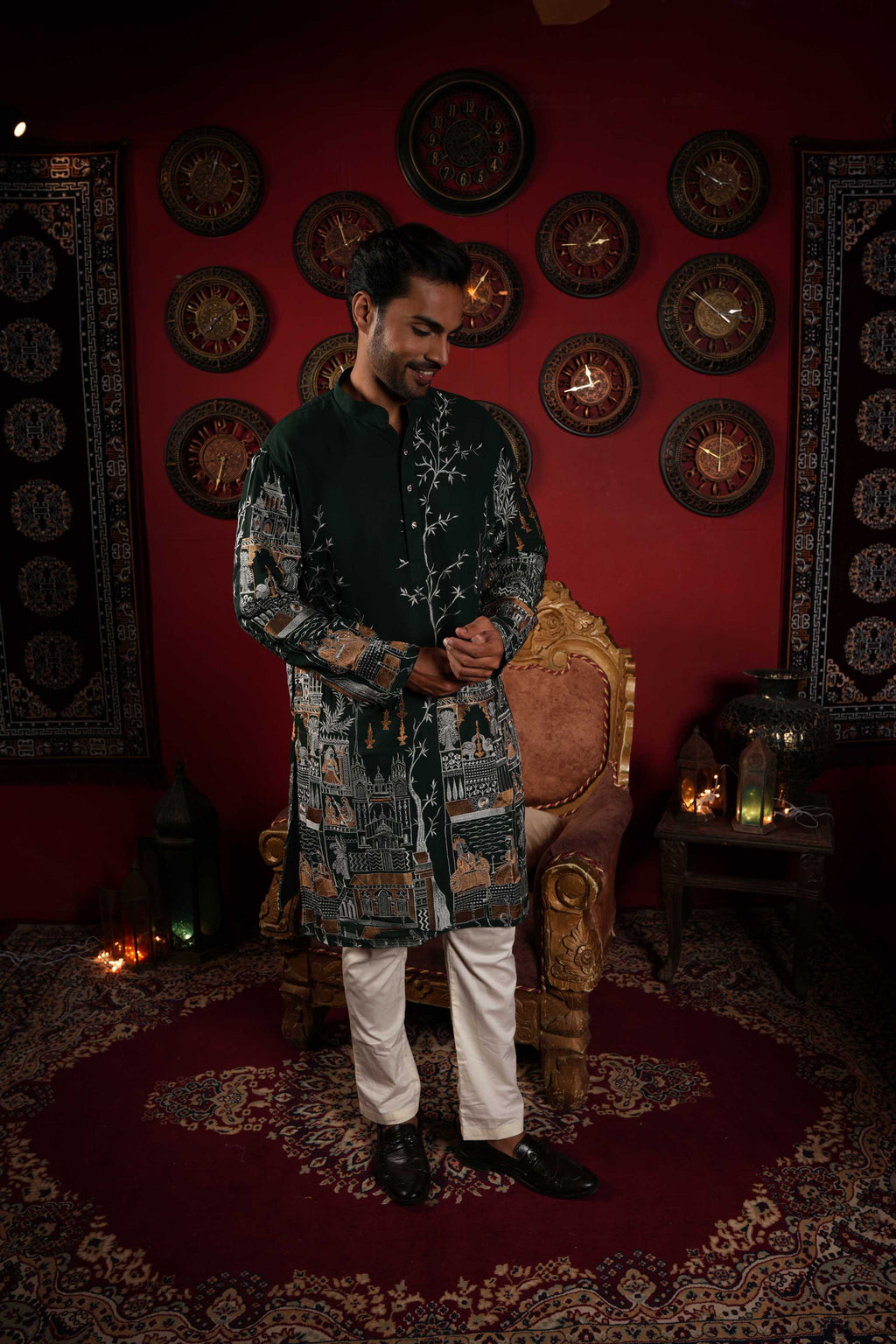 Majestic Green Golden Motif Embroidery Kurta