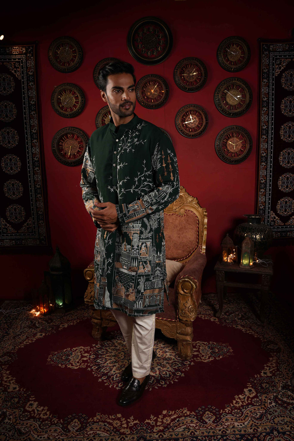 Majestic Green Golden Motif Embroidery Kurta