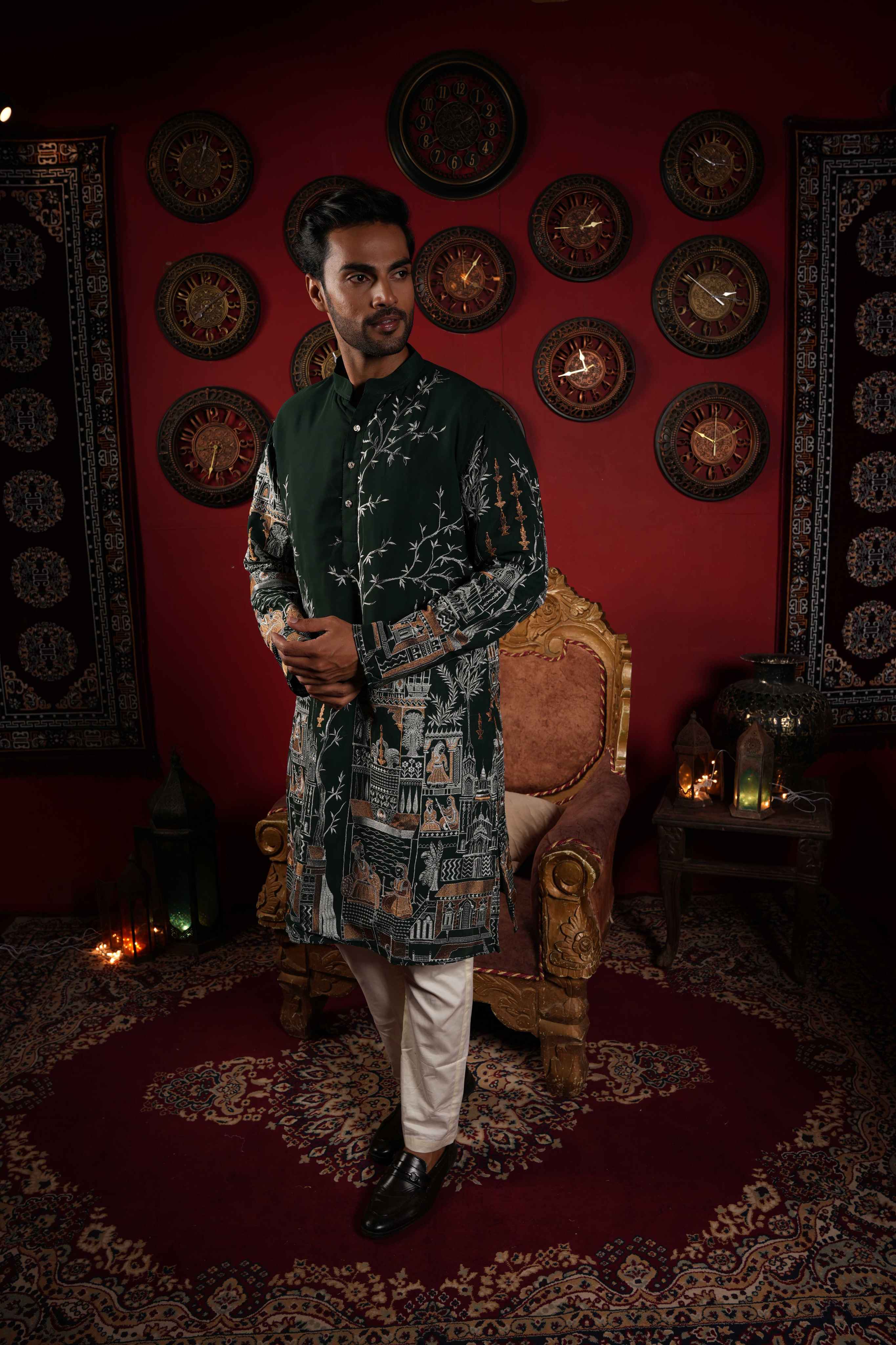 Majestic Green Golden Motif Embroidery Kurta
