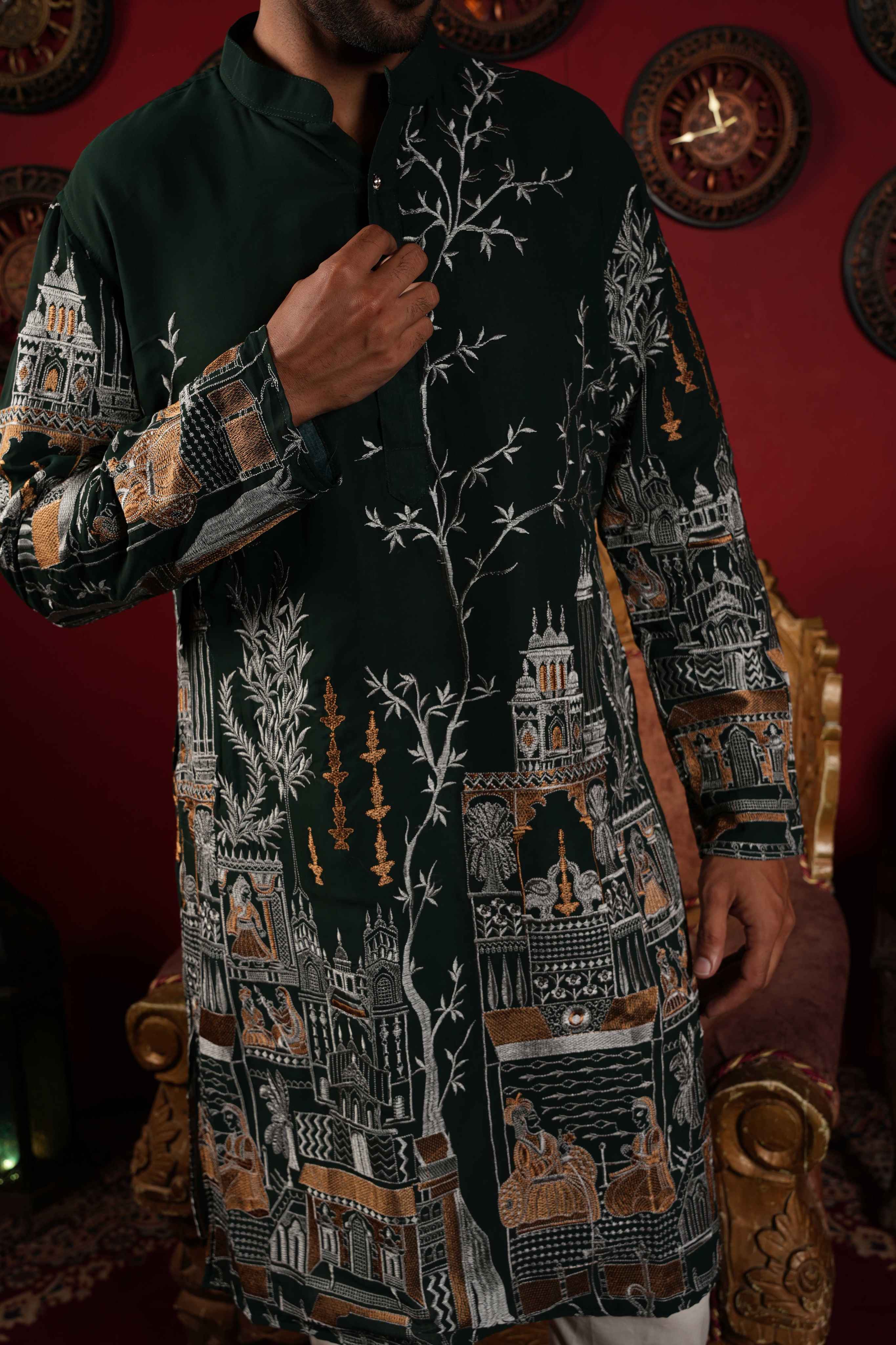 Majestic Green Golden Motif Embroidery Kurta