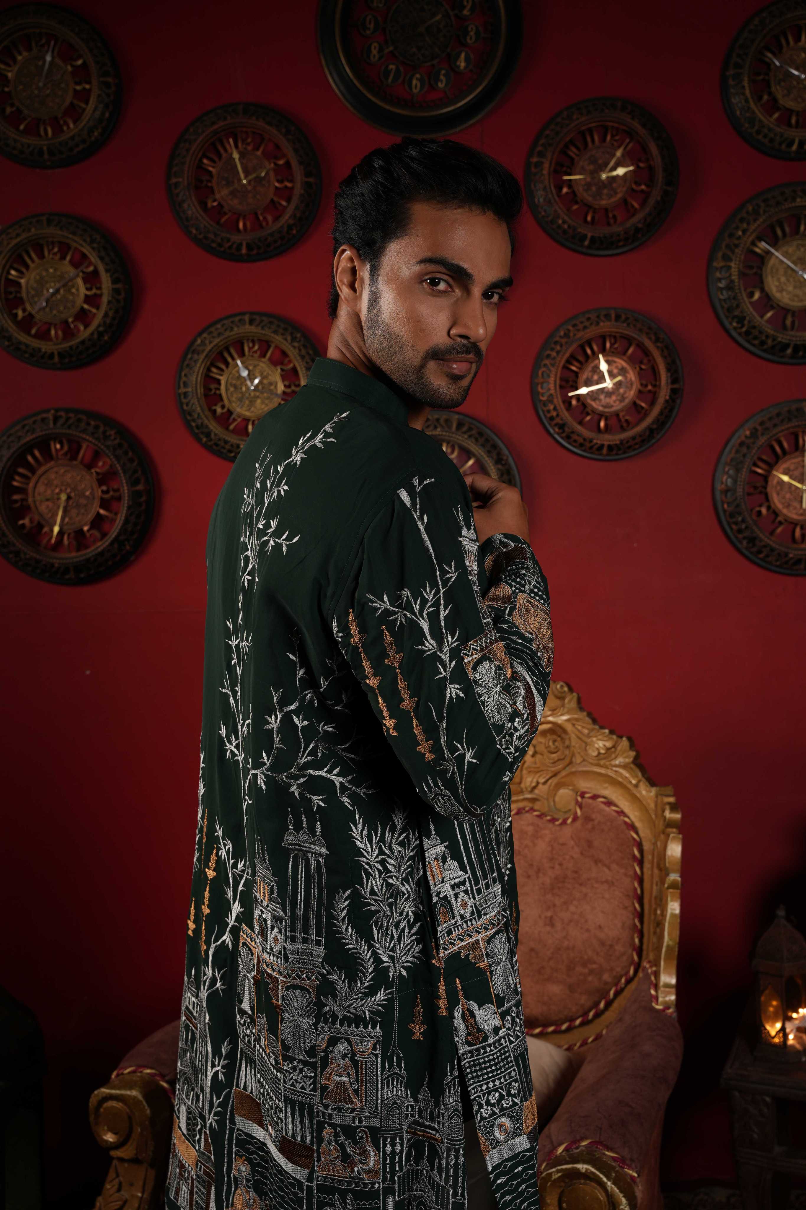 Majestic Green Golden Motif Embroidery Kurta