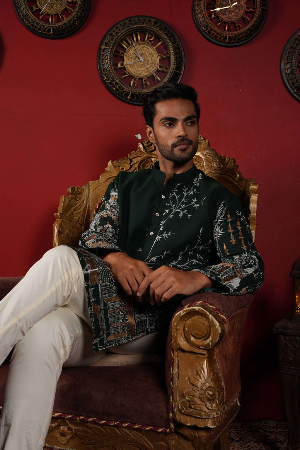 Majestic Green Golden Motif Embroidery Kurta