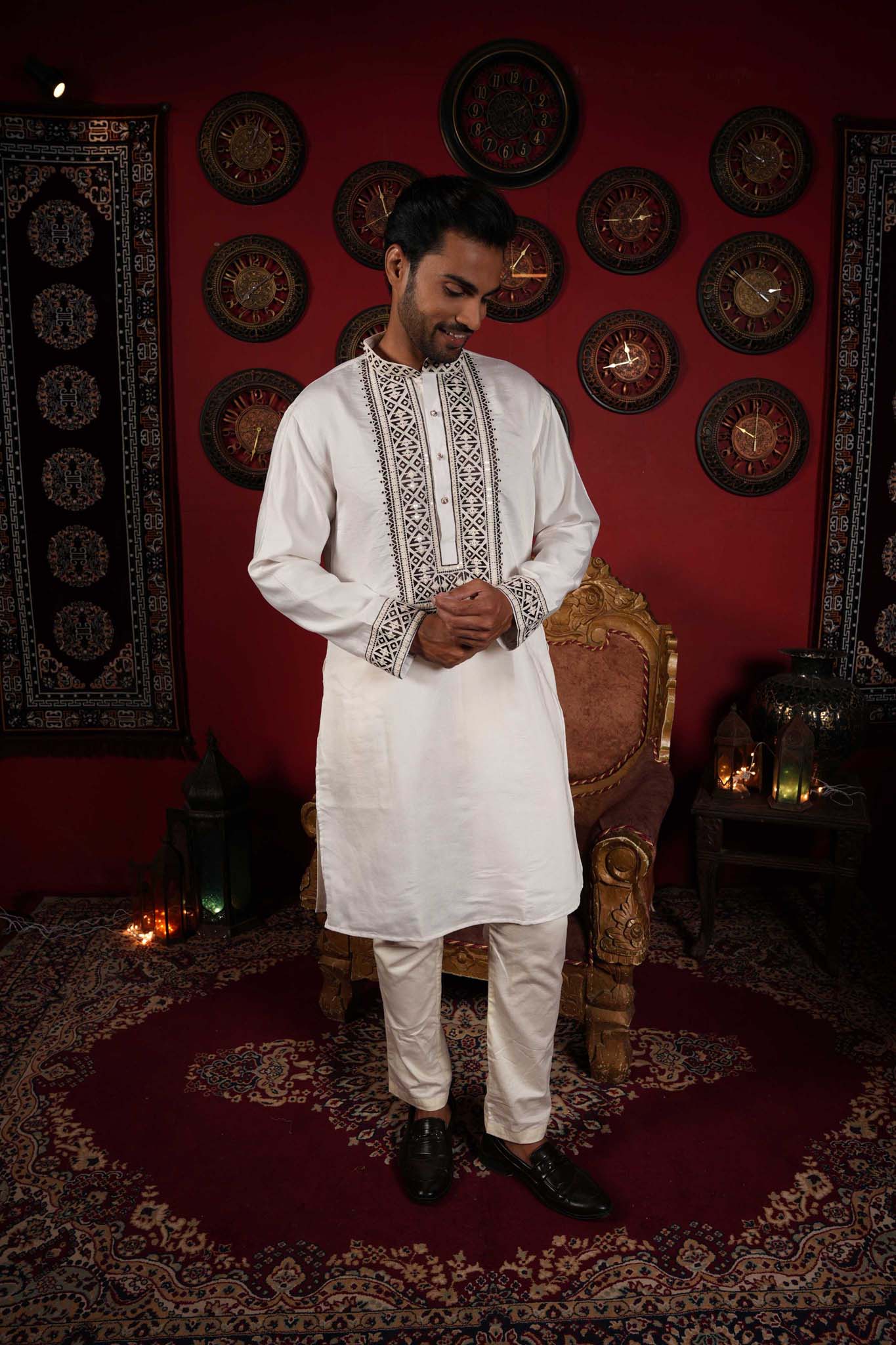 The White Black Thread Work Long Kurta