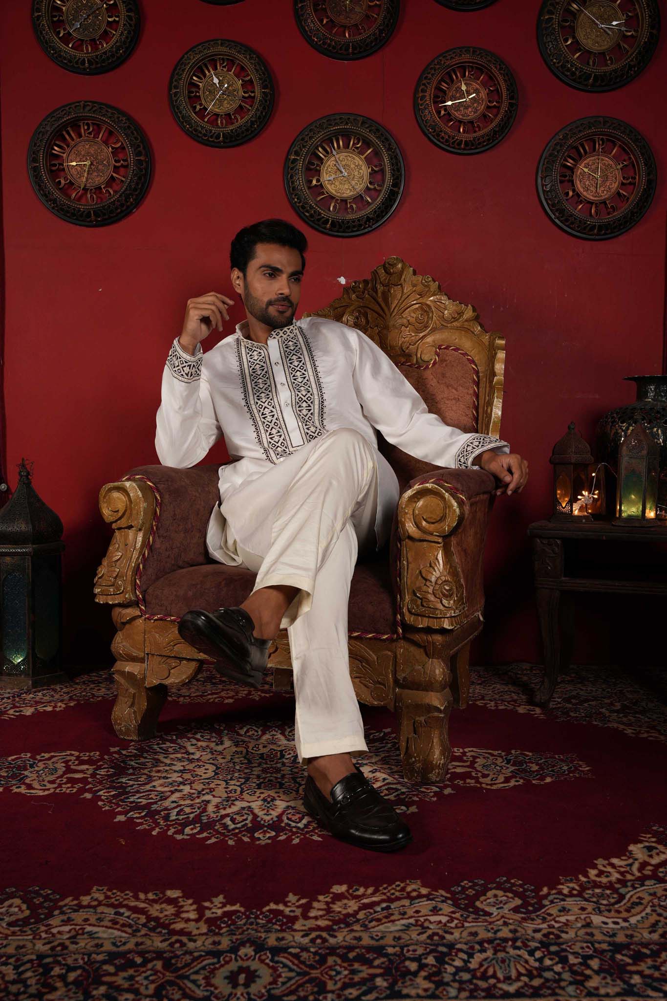 The White Black Thread Work Long Kurta