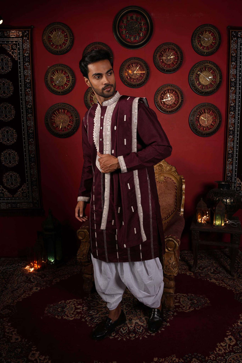 The Stylish Maroon Neck Work Long Kurta With Dupatta