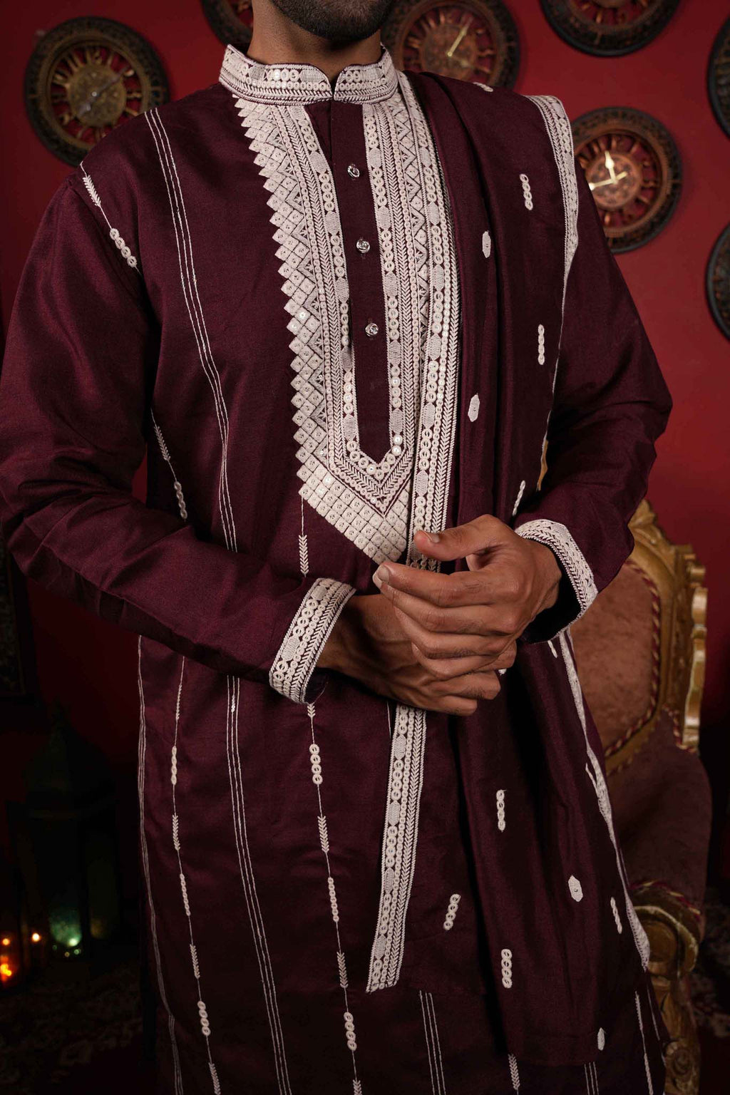The Stylish Maroon Neck Work Long Kurta With Dupatta