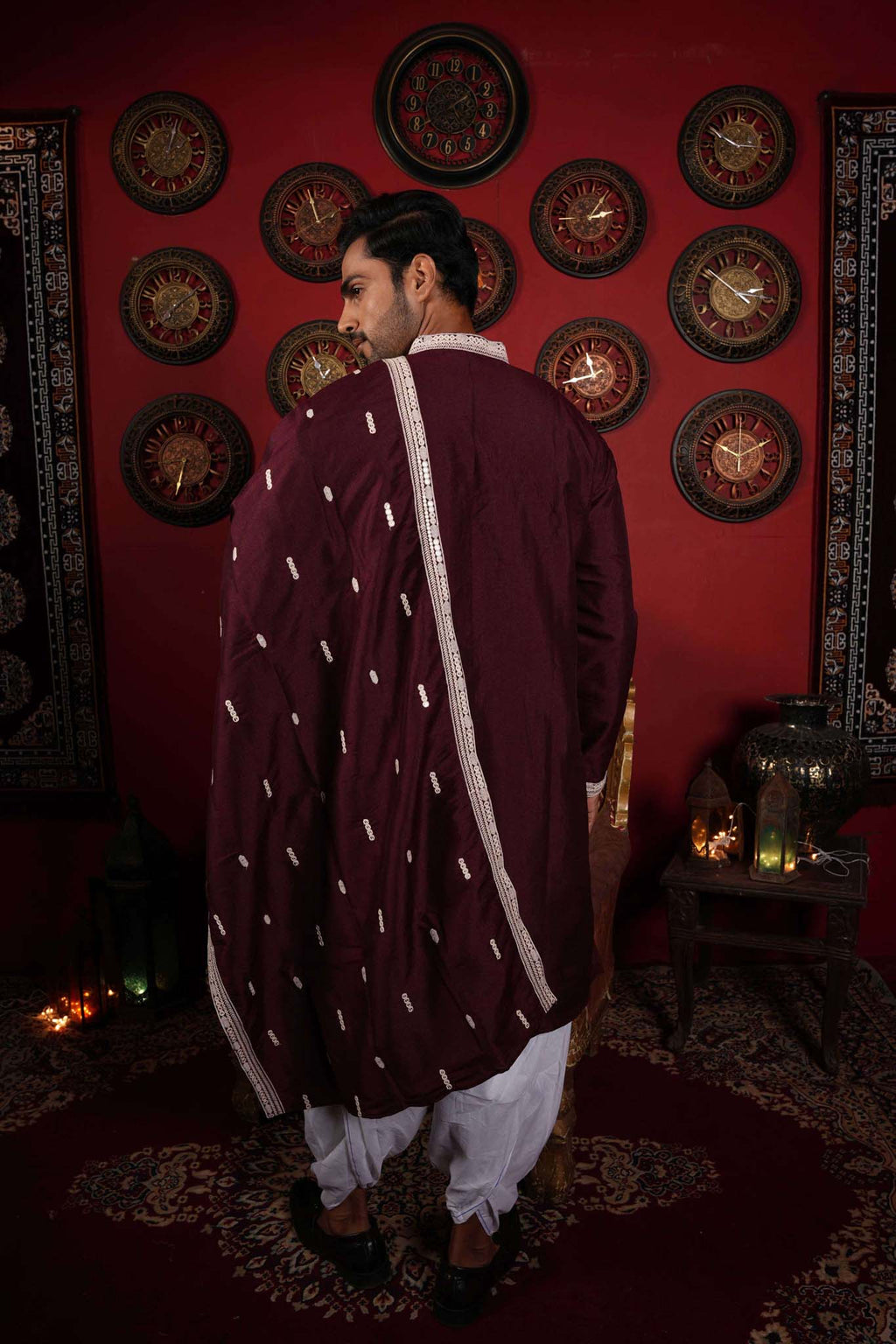 The Stylish Maroon Neck Work Long Kurta With Dupatta