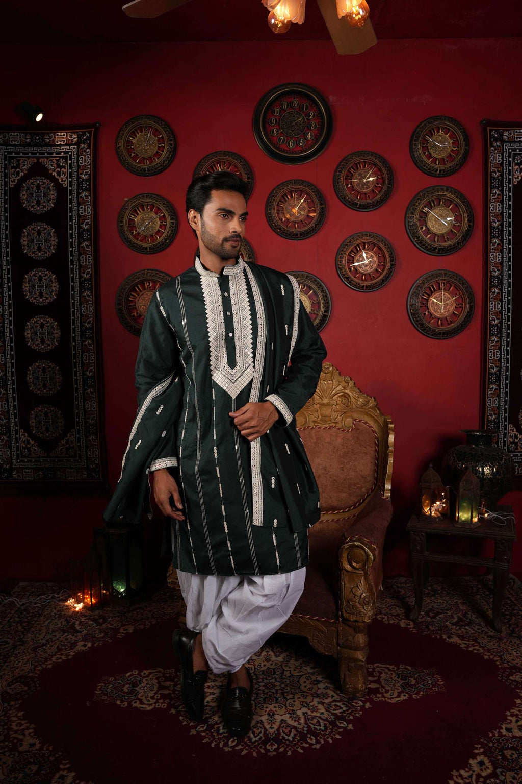 The Green Neck Embroidery Long Kurta With Dupatta
