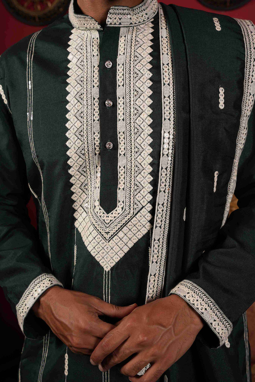 The Green Neck Embroidery Long Kurta With Dupatta
