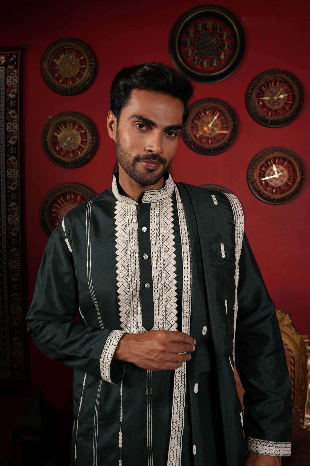 The Green Neck Embroidery Long Kurta With Dupatta