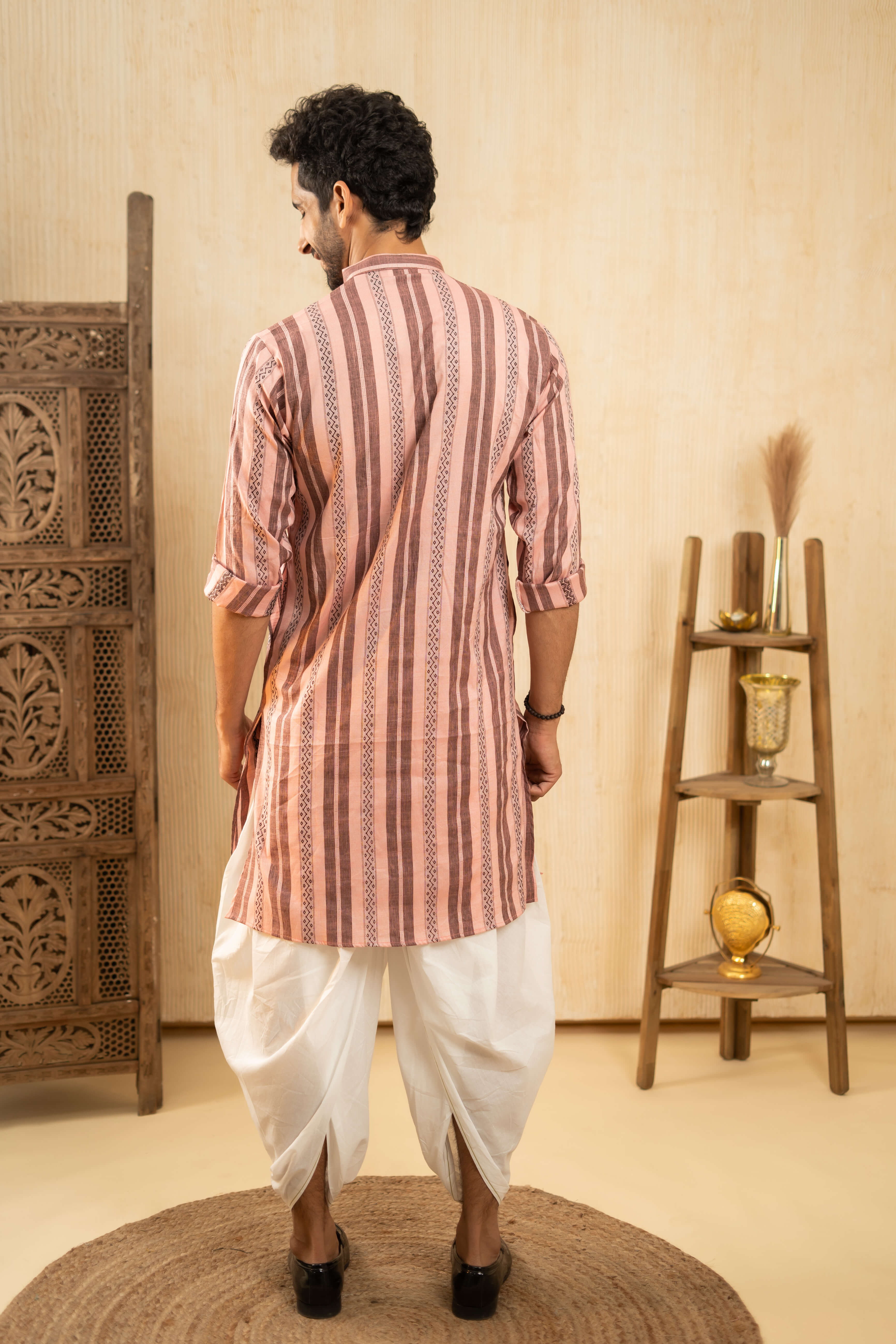 The Flamingo Pink Long Kurta With Black Stripe Print
