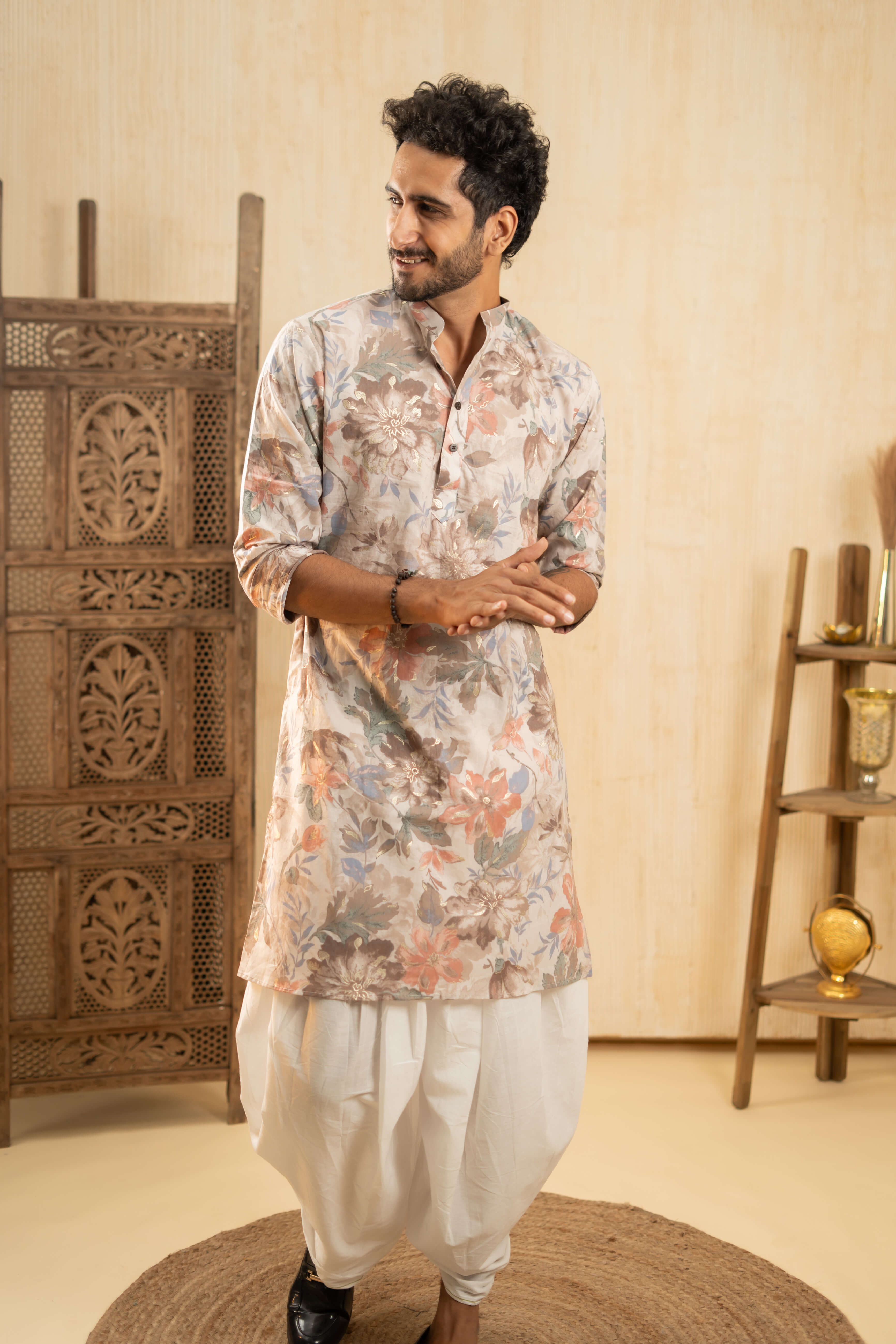 The Off-White Foil Work Long Kurta With Pastel Floral Print