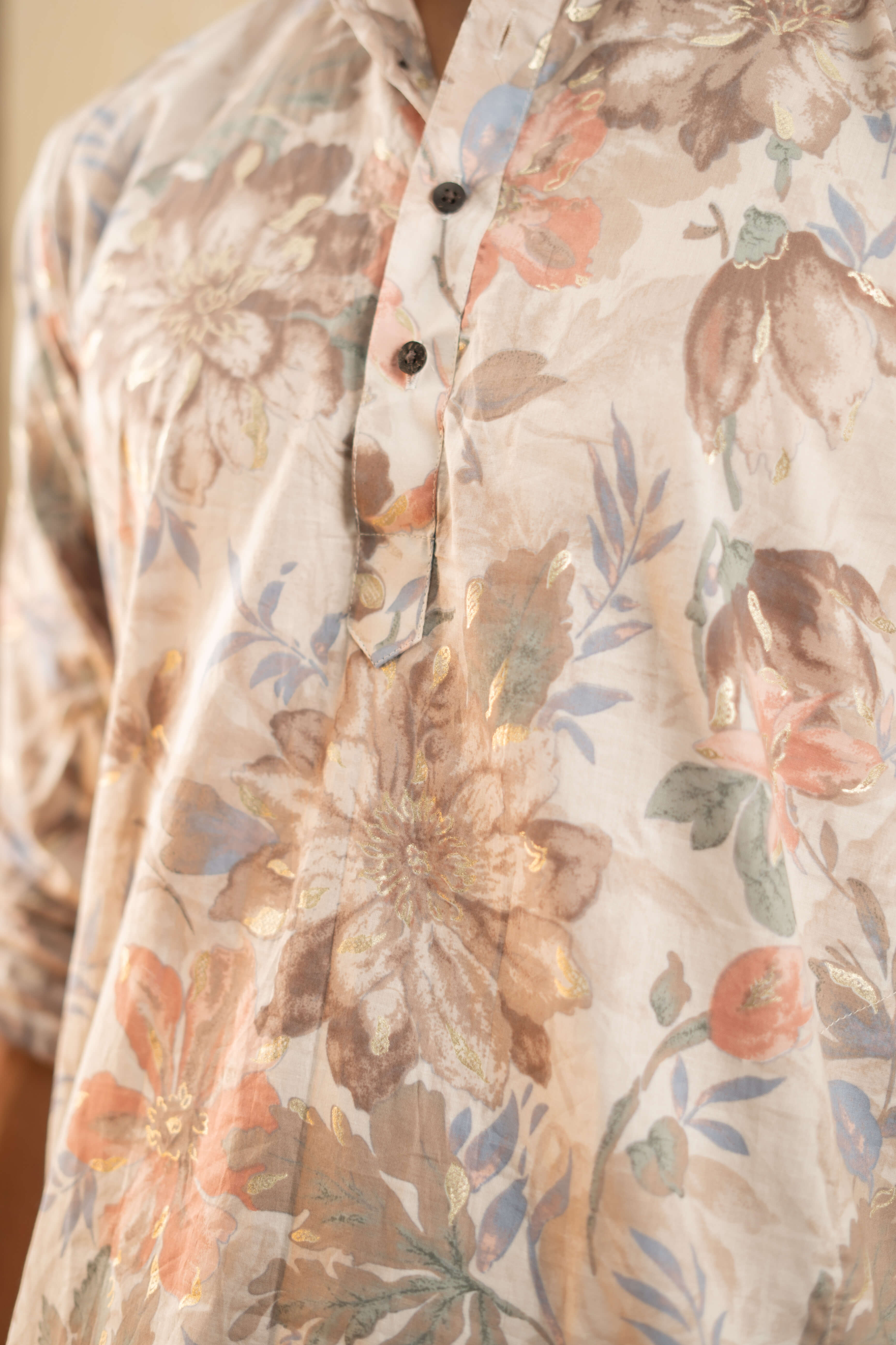 The Off-White Foil Work Long Kurta With Pastel Floral Print