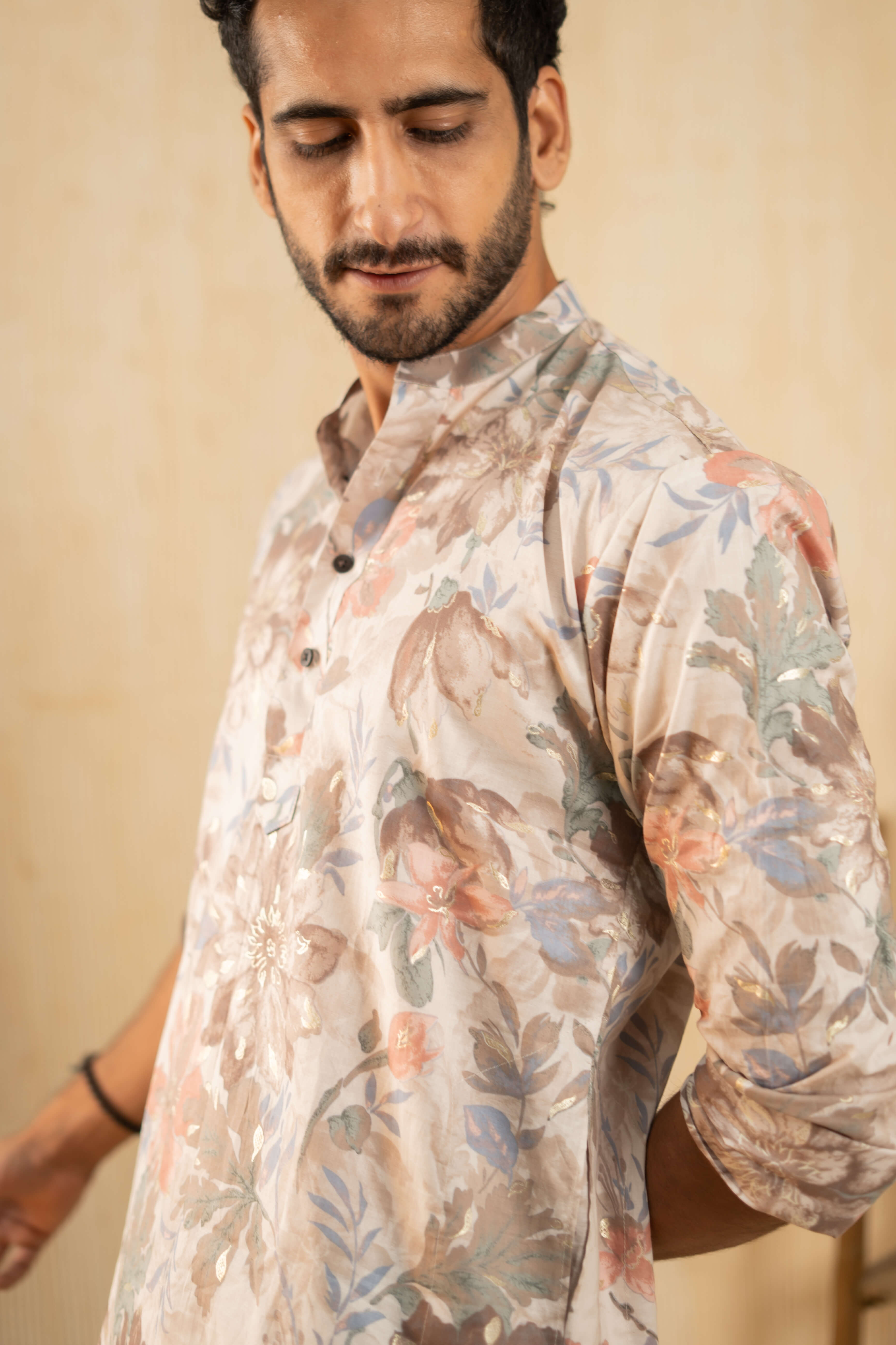 The Off-White Foil Work Long Kurta With Pastel Floral Print