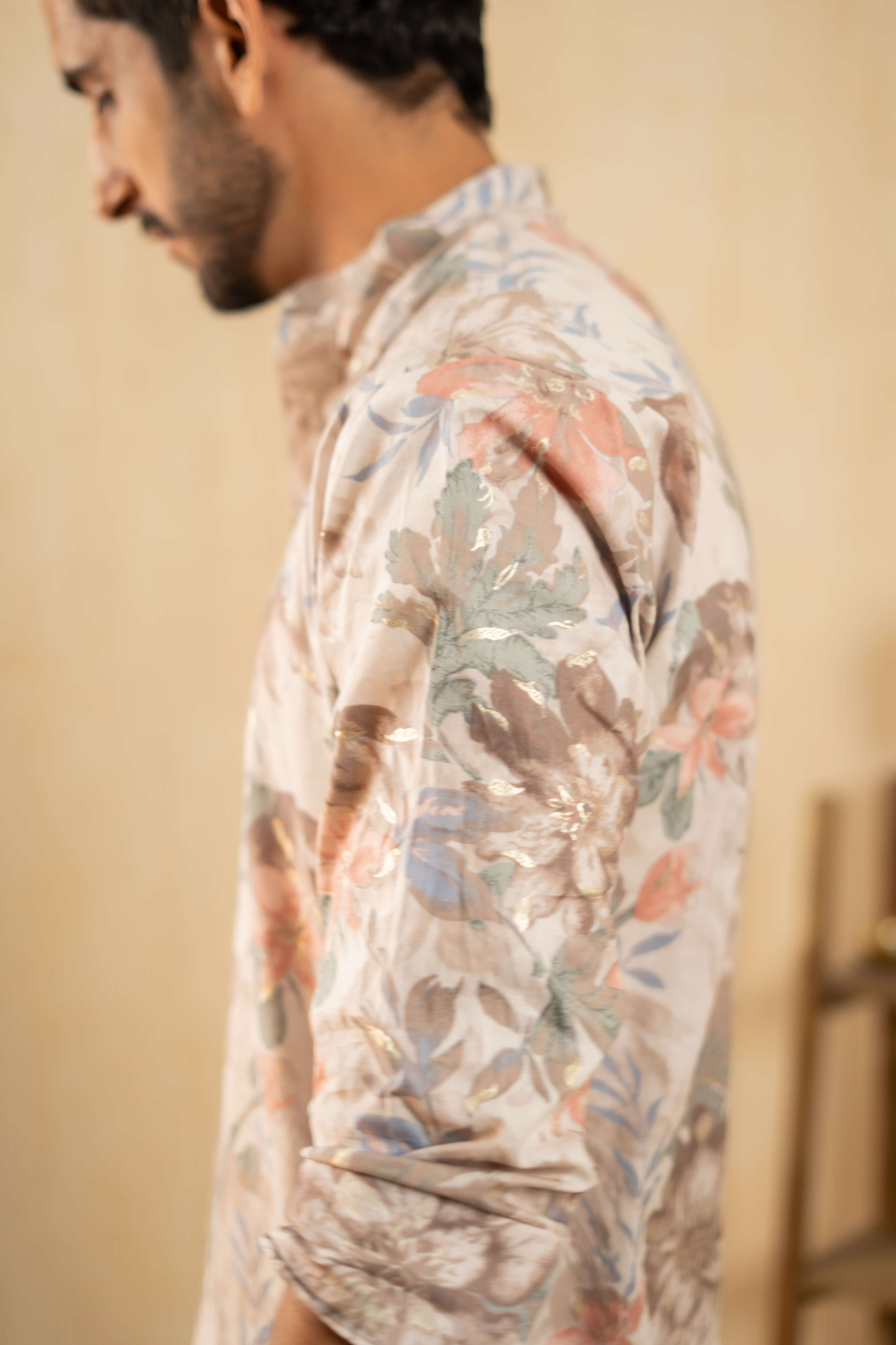 The Off-White Foil Work Long Kurta With Pastel Floral Print