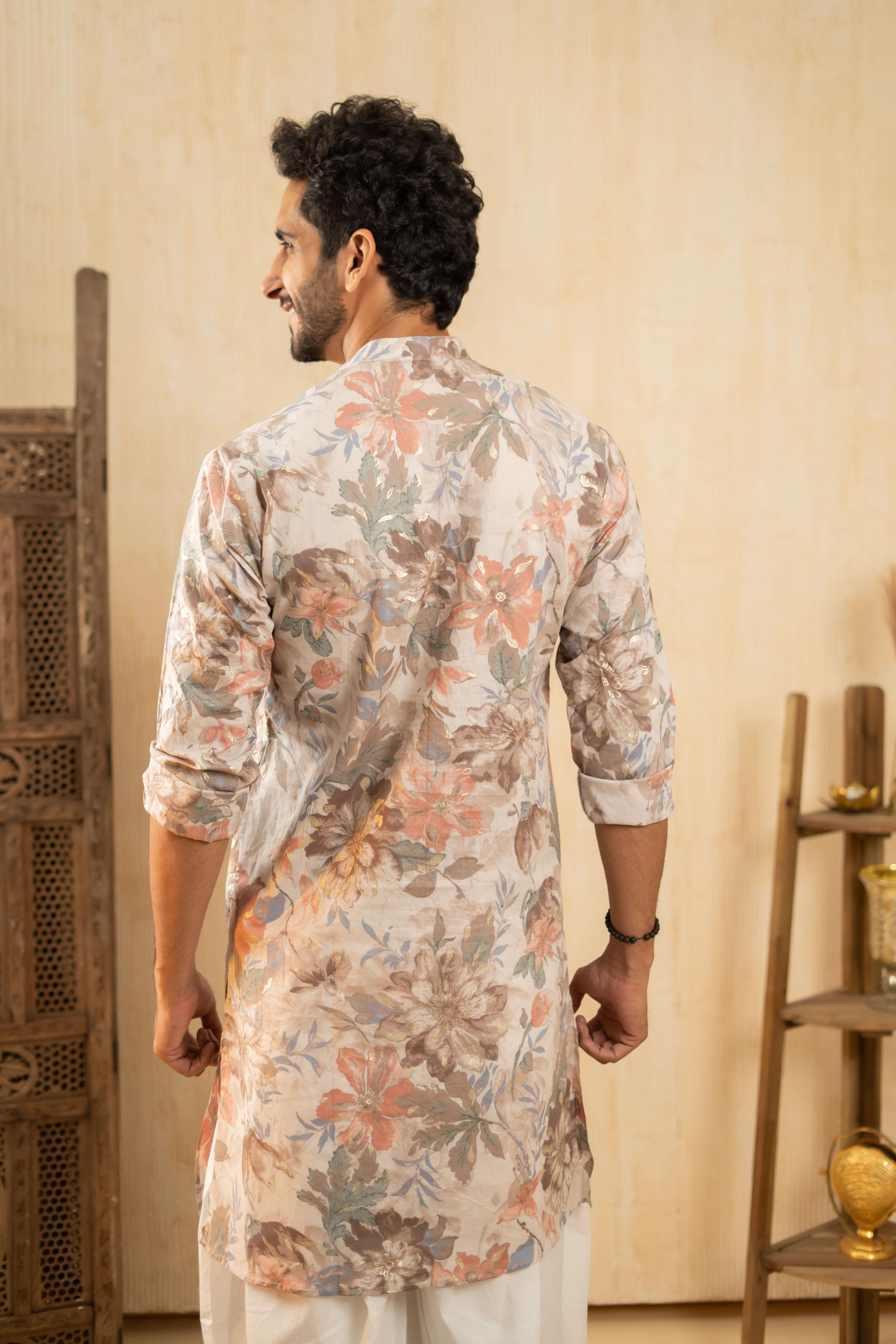 The Off-White Foil Work Long Kurta With Pastel Floral Print