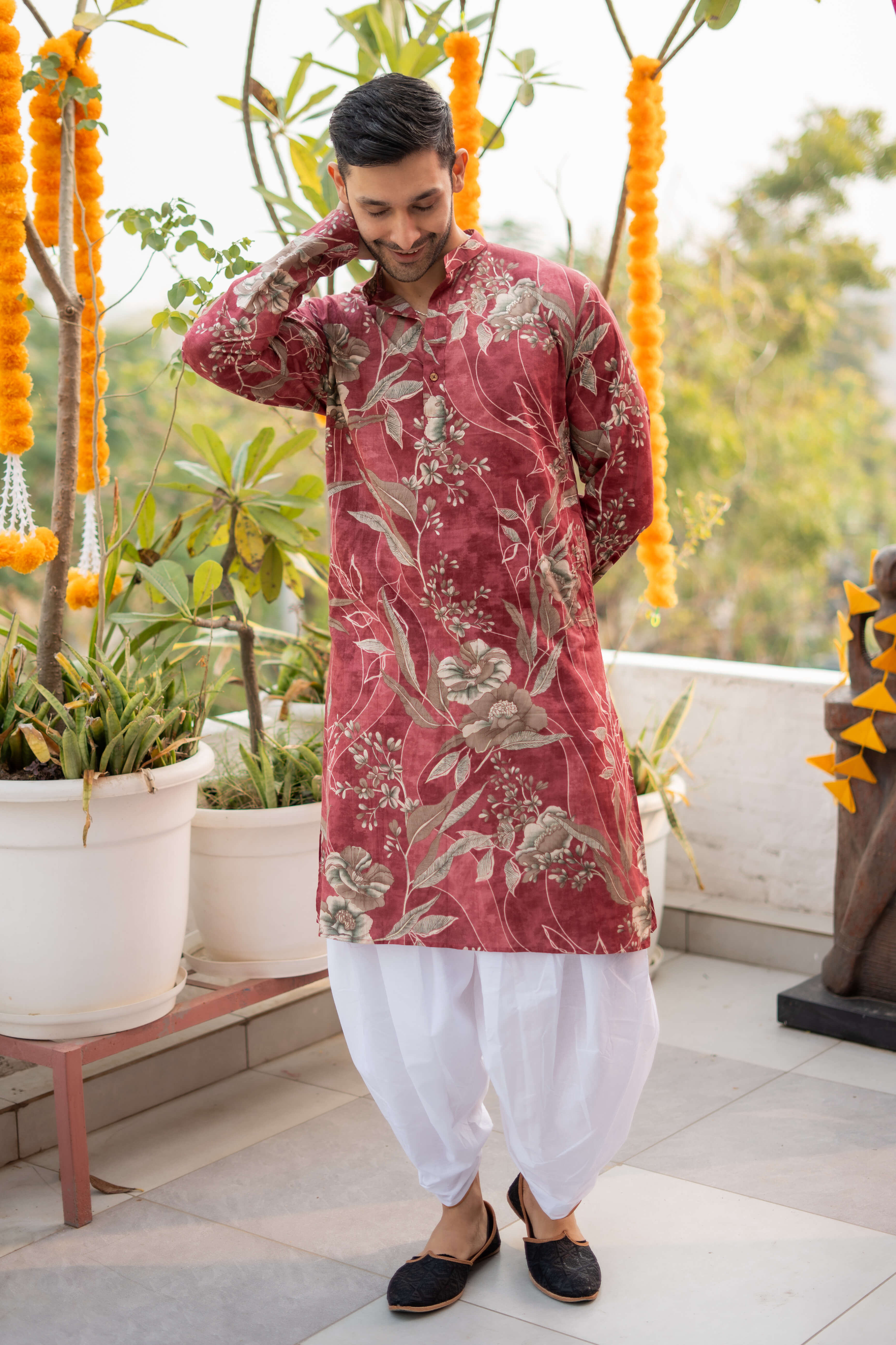 The Rosewood Long Kurta With Botanical Print and Foil Work