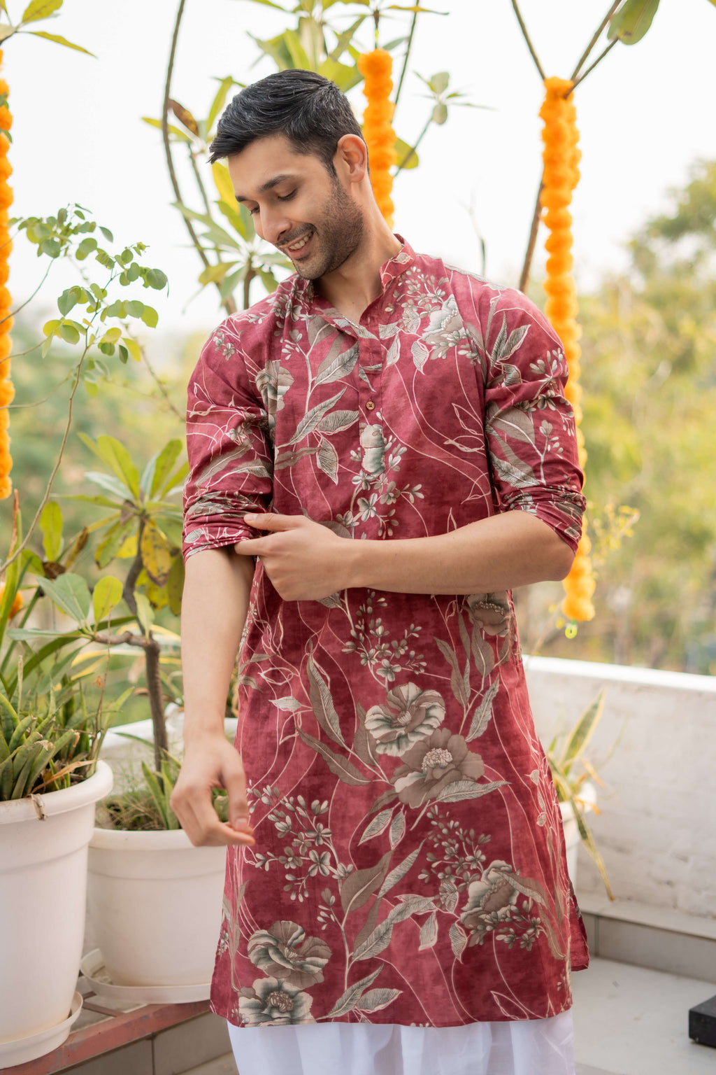 The Rosewood Long Kurta With Botanical Print and Foil Work