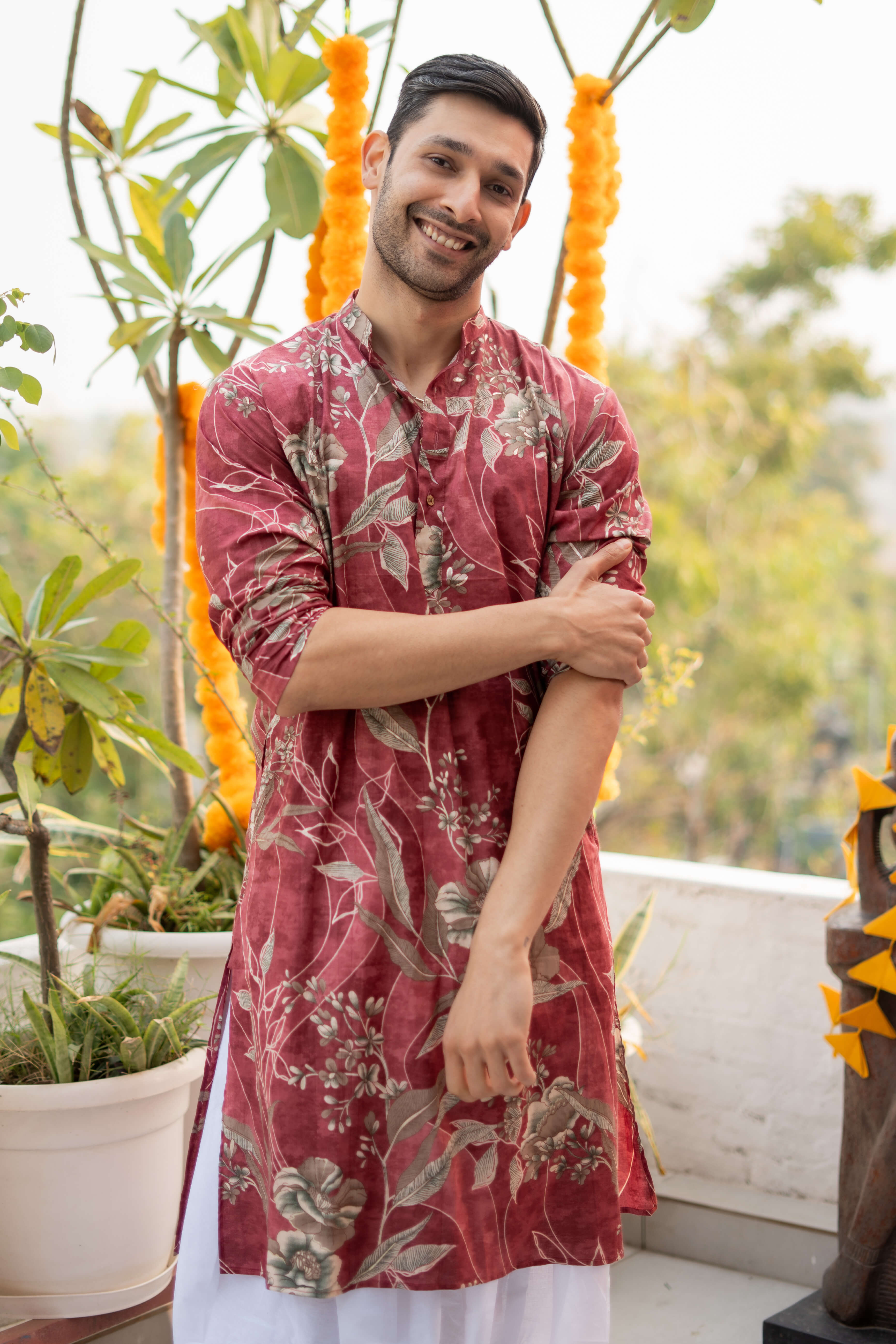 The Rosewood Long Kurta With Botanical Print and Foil Work