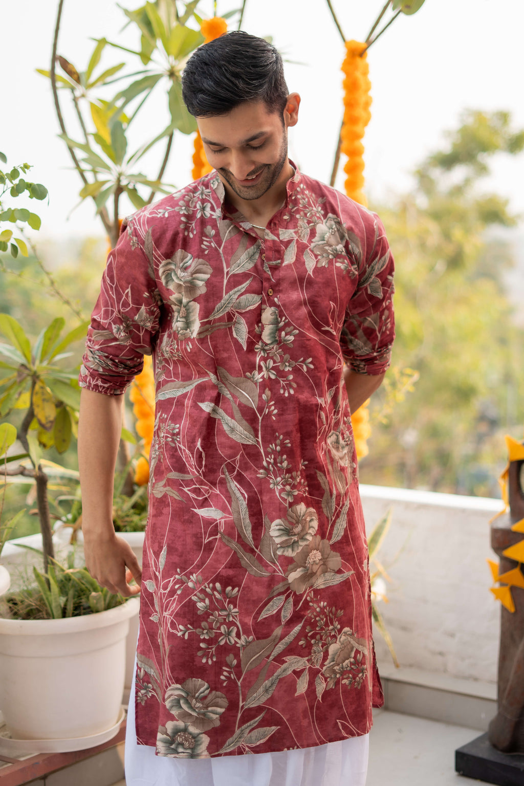 The Rosewood Long Kurta With Botanical Print and Foil Work