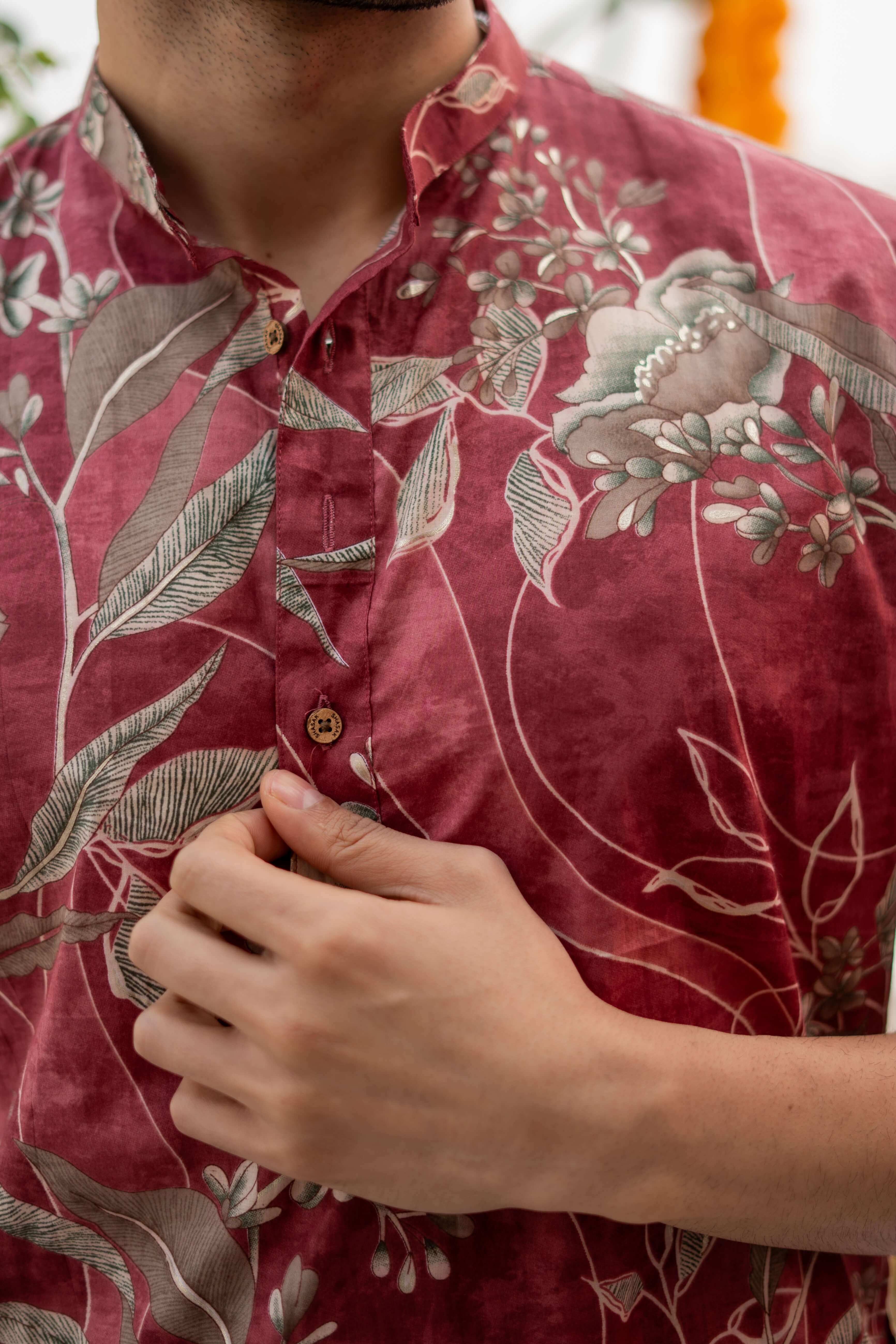 The Rosewood Long Kurta With Botanical Print and Foil Work