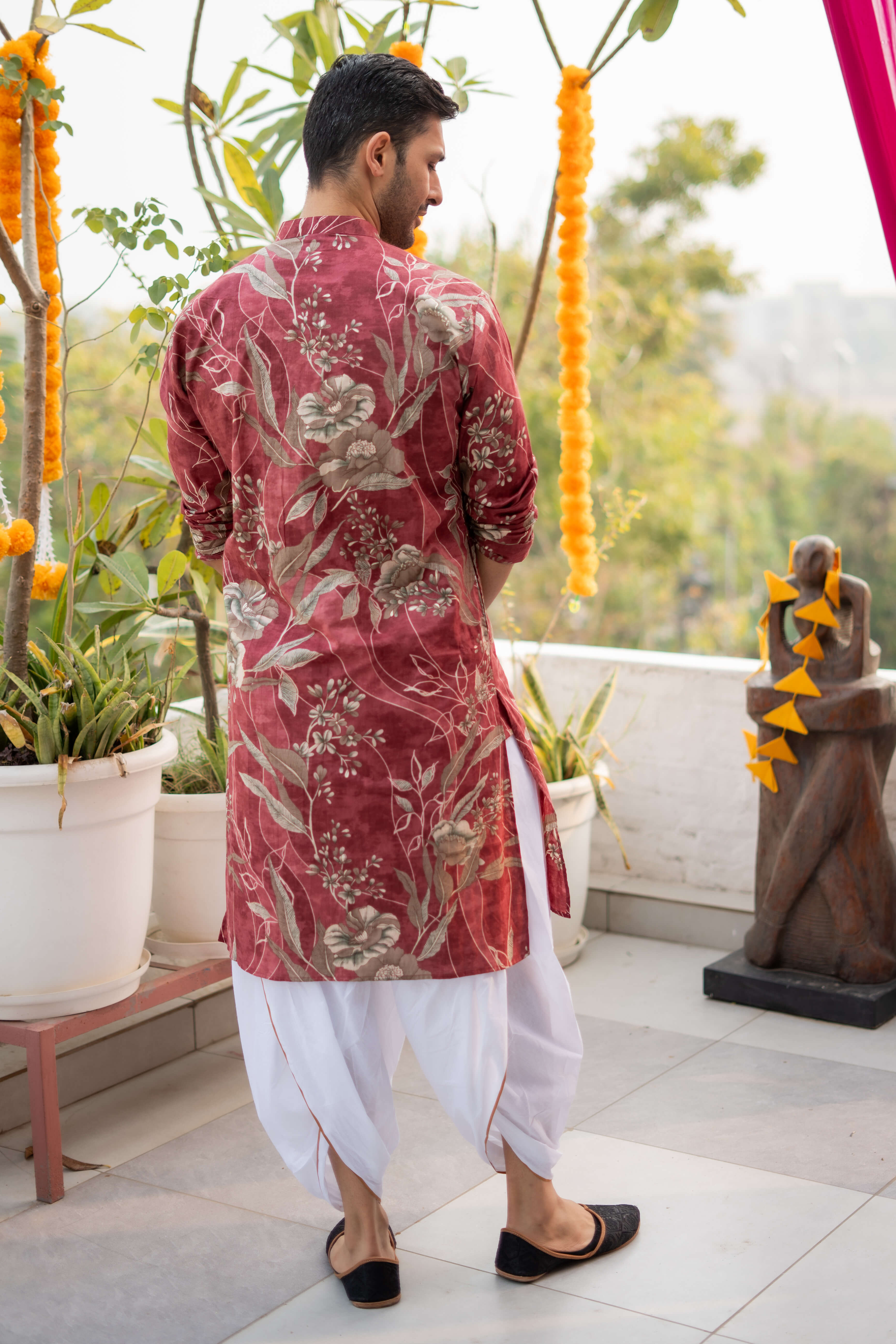The Rosewood Long Kurta With Botanical Print and Foil Work