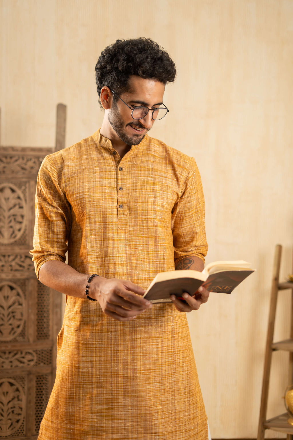 The Rustic Handwoven Long Kurta in Yellowish Orange and Light Brown Color