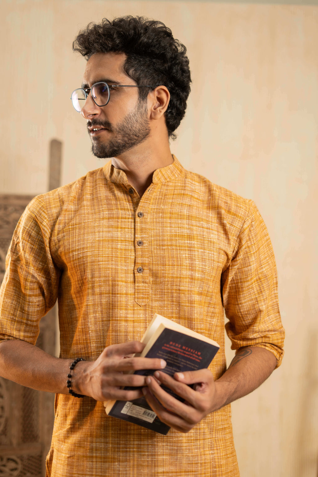 The Rustic Handwoven Long Kurta in Yellowish Orange and Light Brown Color