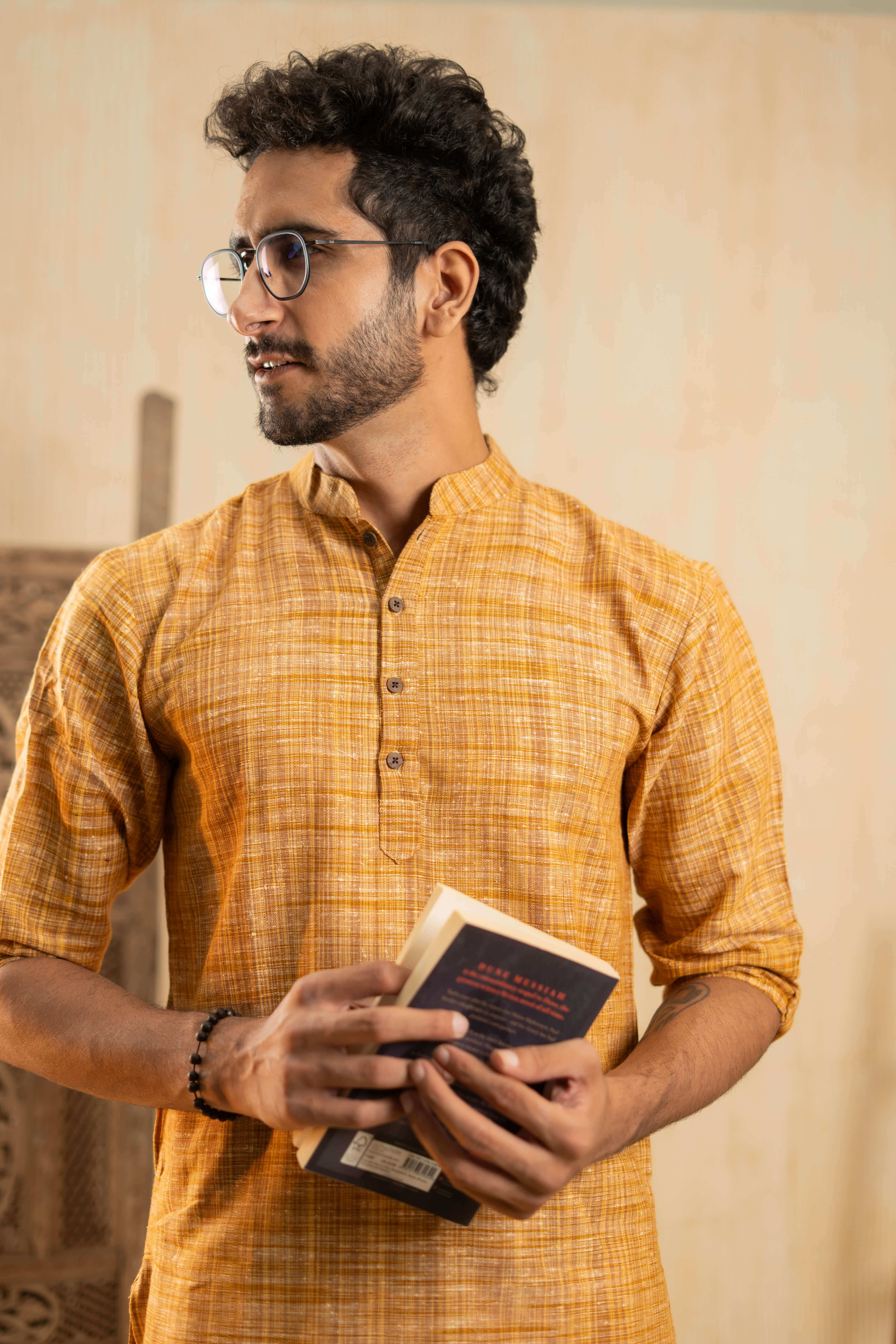 The Rustic Handwoven Long Kurta in Yellowish Orange and Light Brown Color
