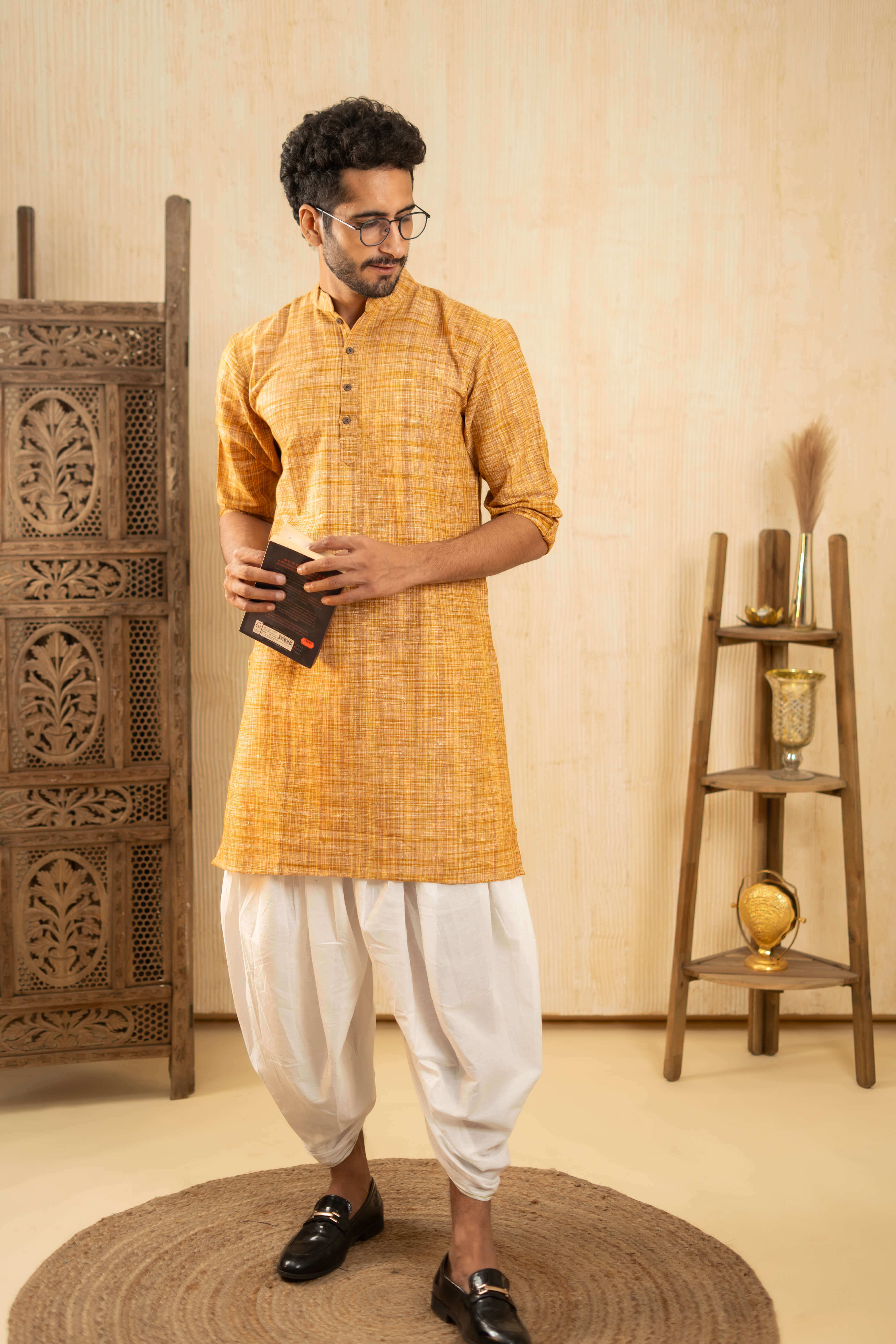 The Rustic Handwoven Long Kurta in Yellowish Orange and Light Brown Color