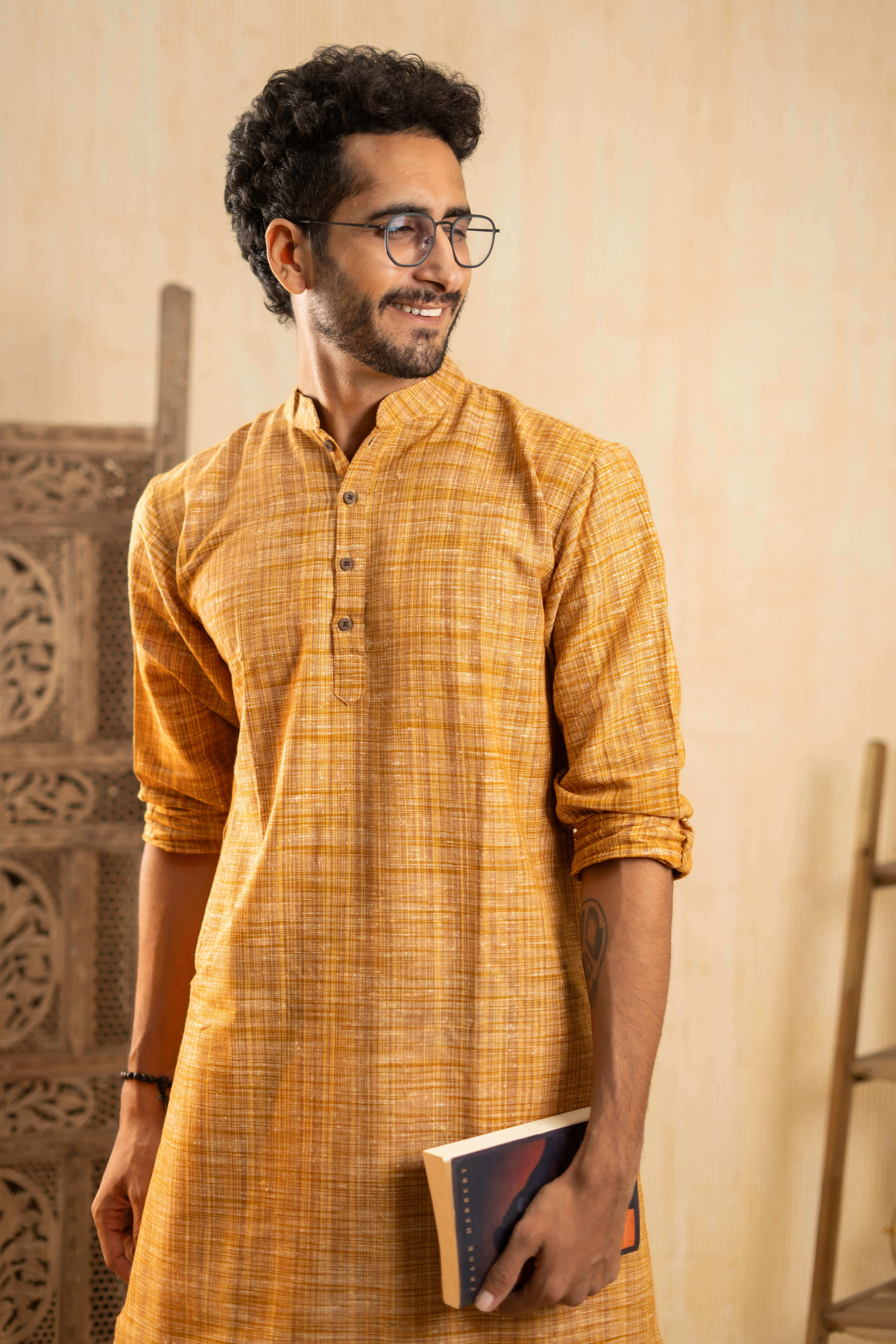The Rustic Handwoven Long Kurta in Yellowish Orange and Light Brown Color