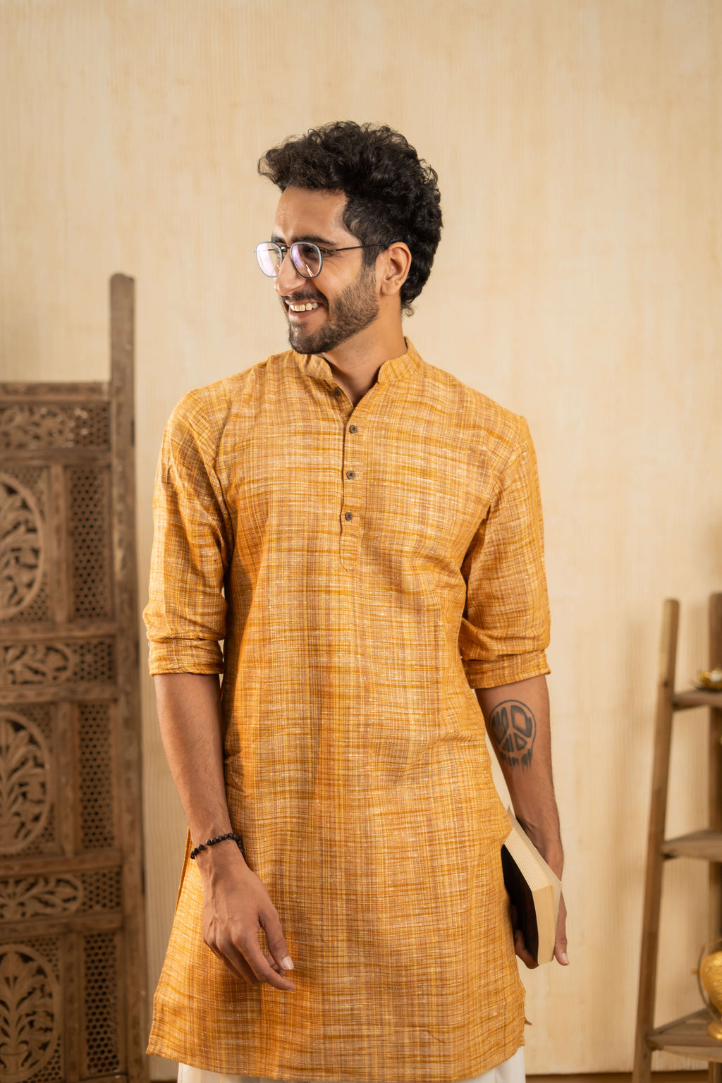 The Rustic Handwoven Long Kurta in Yellowish Orange and Light Brown Color