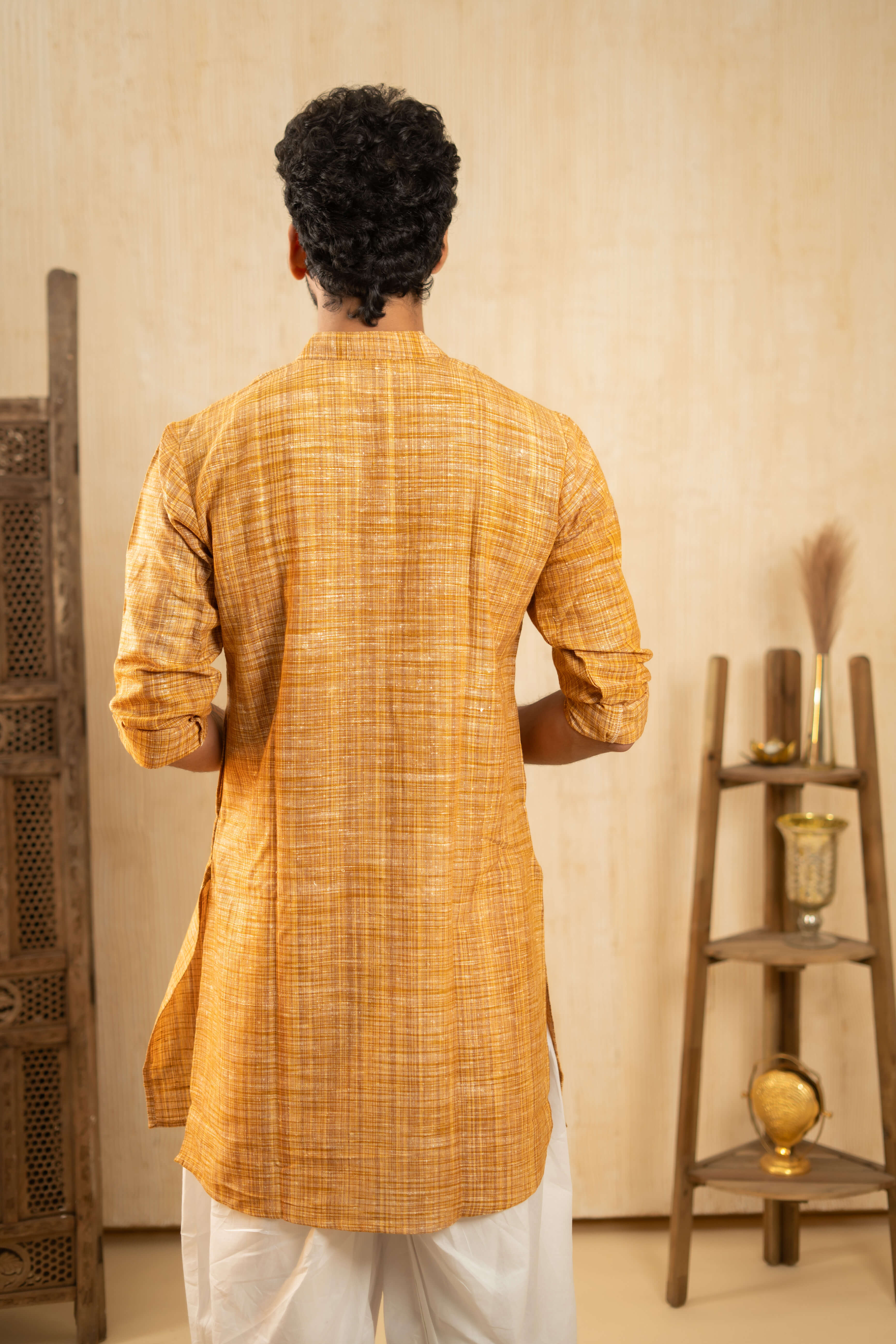 The Rustic Handwoven Long Kurta in Yellowish Orange and Light Brown Color