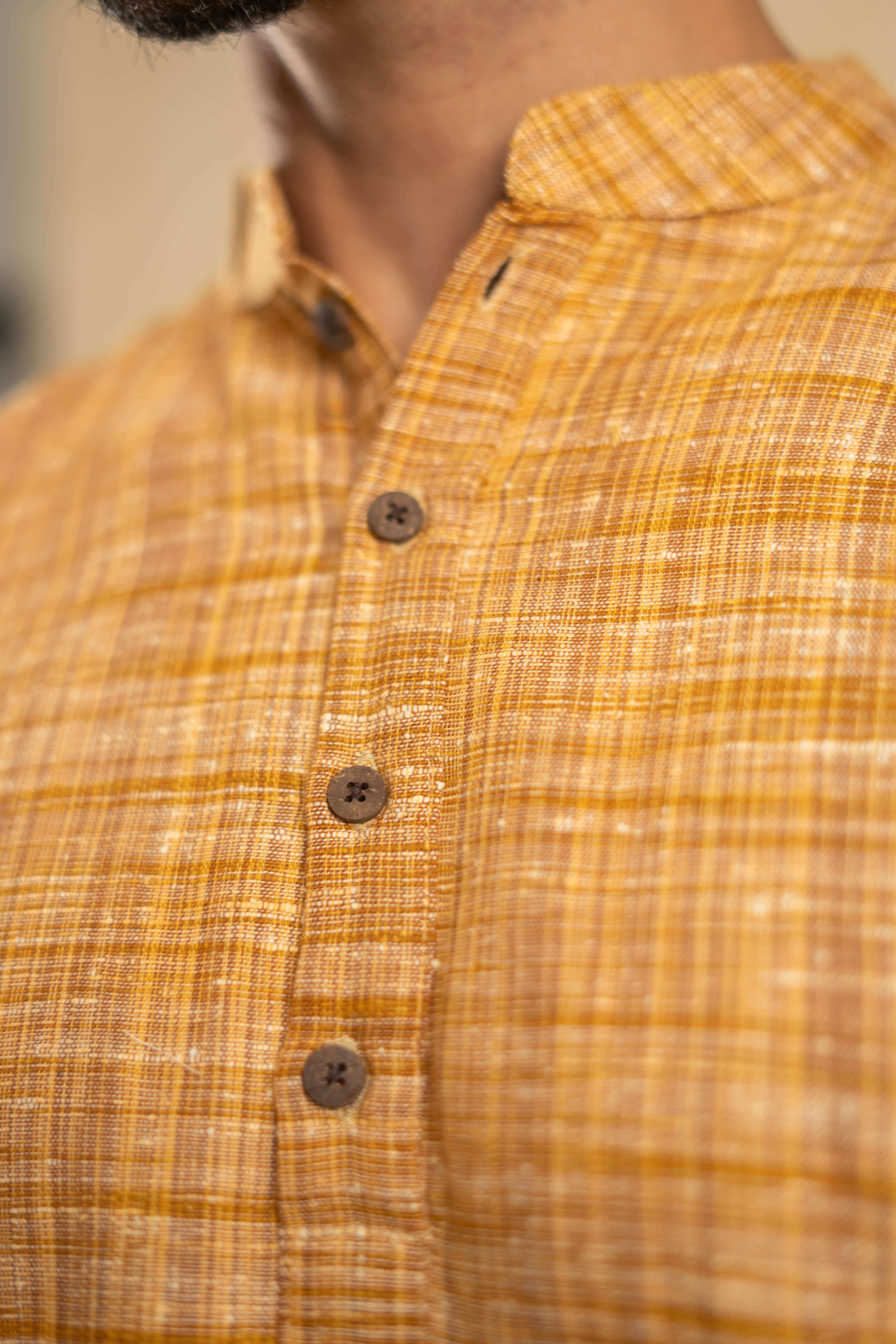 The Rustic Handwoven Long Kurta in Yellowish Orange and Light Brown Color