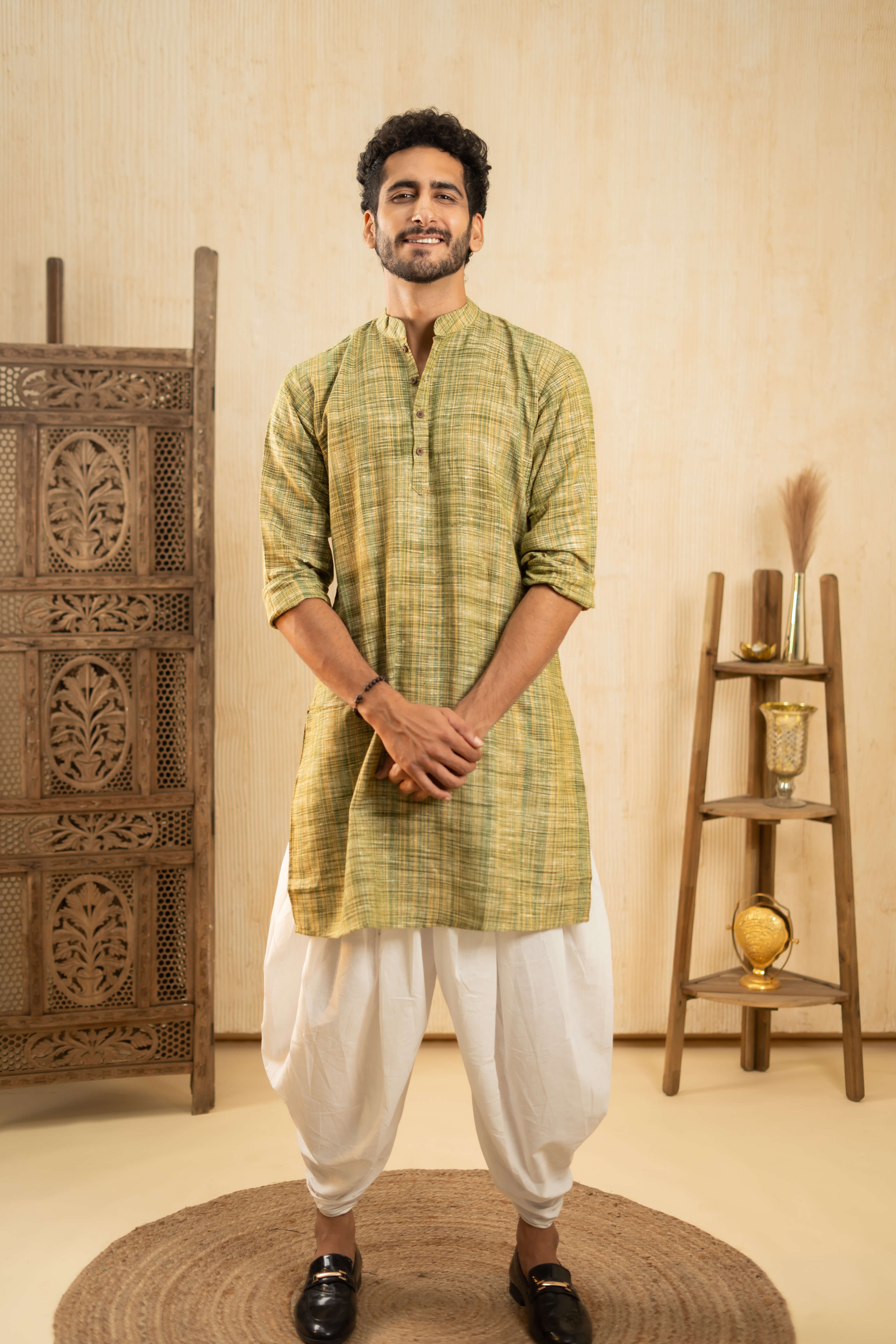 The Rustic Handwoven Long Kurta in Muddy Green and Light Brown Color