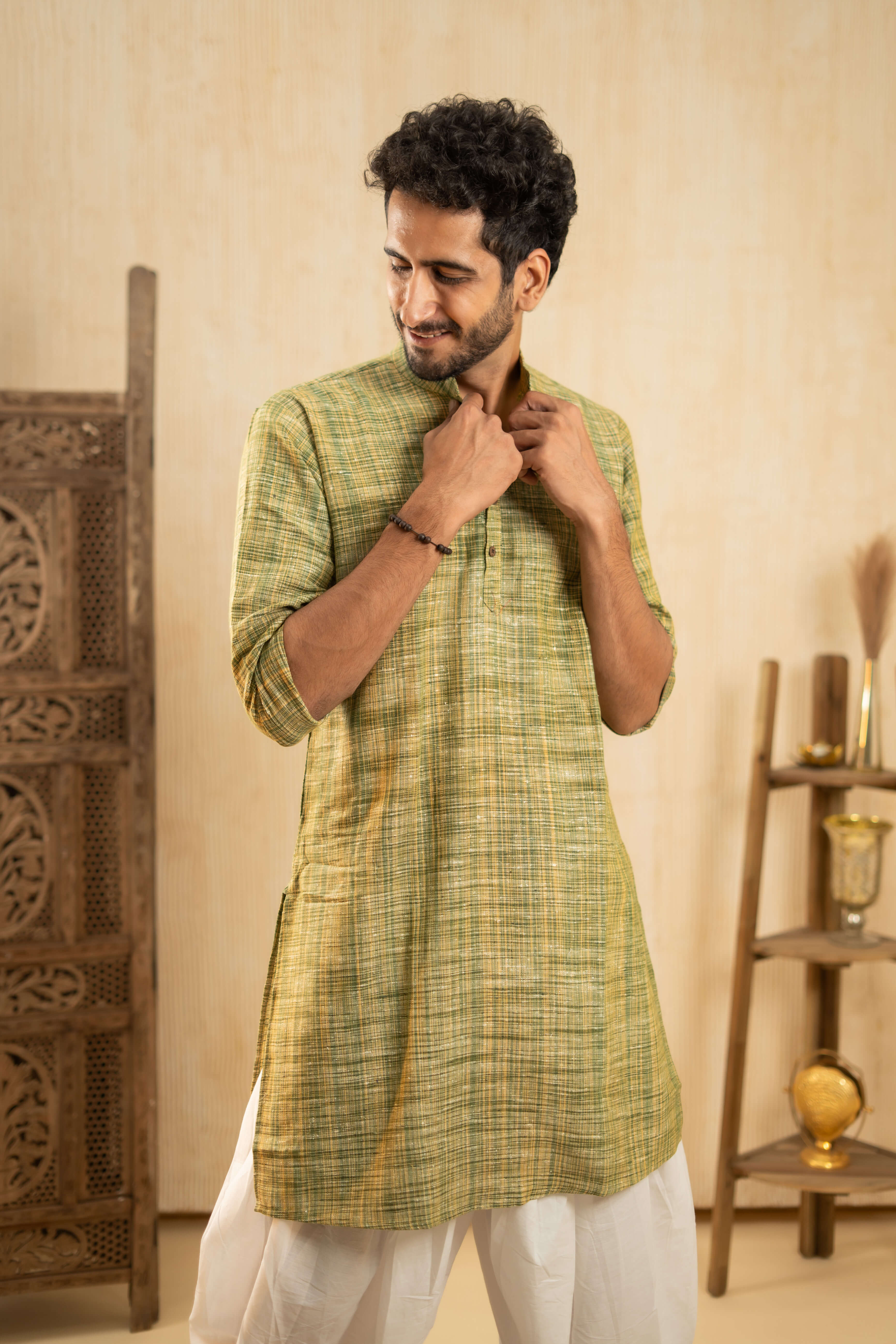The Rustic Handwoven Long Kurta in Muddy Green and Light Brown Color