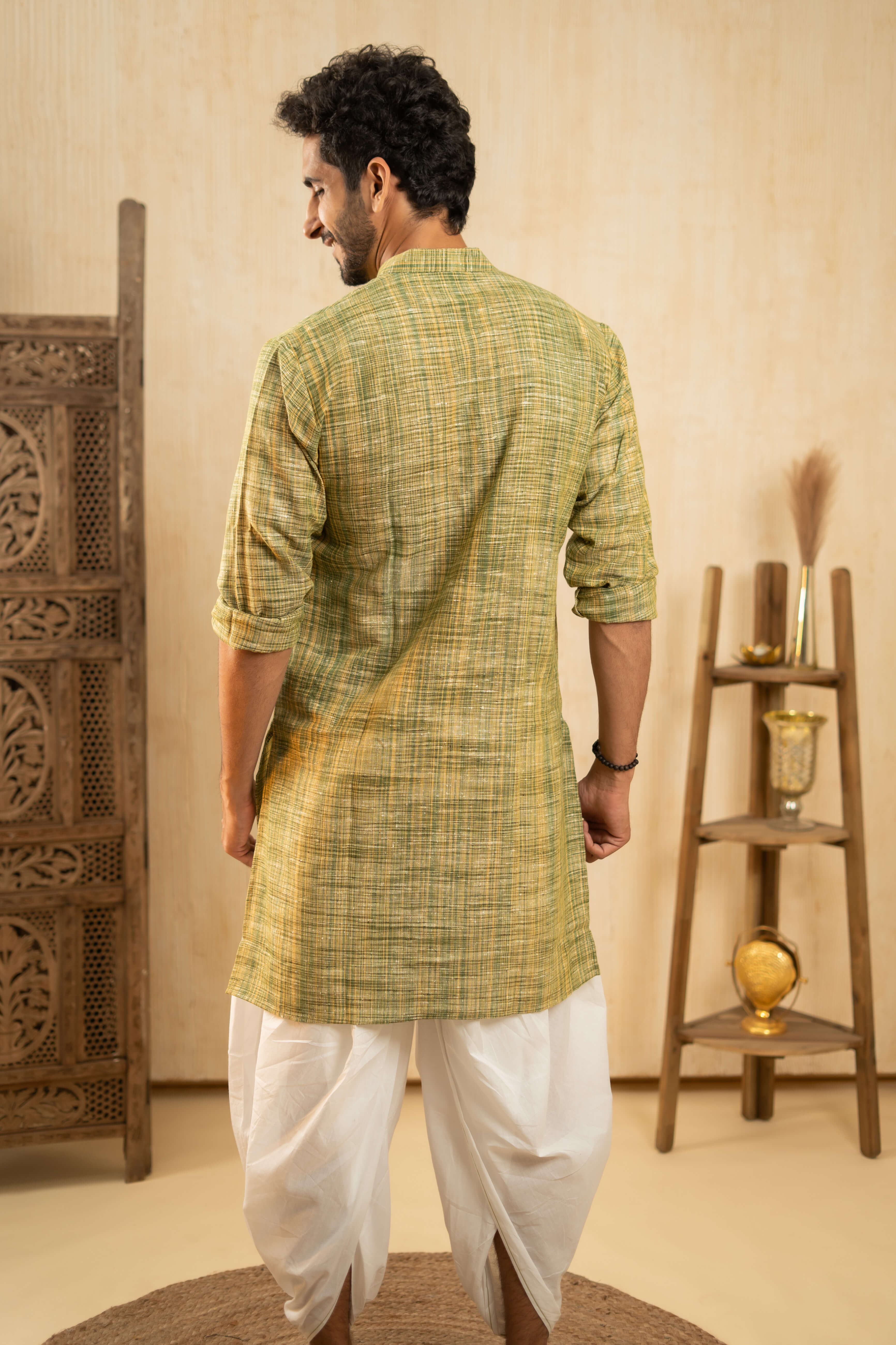 The Rustic Handwoven Long Kurta in Muddy Green and Light Brown Color