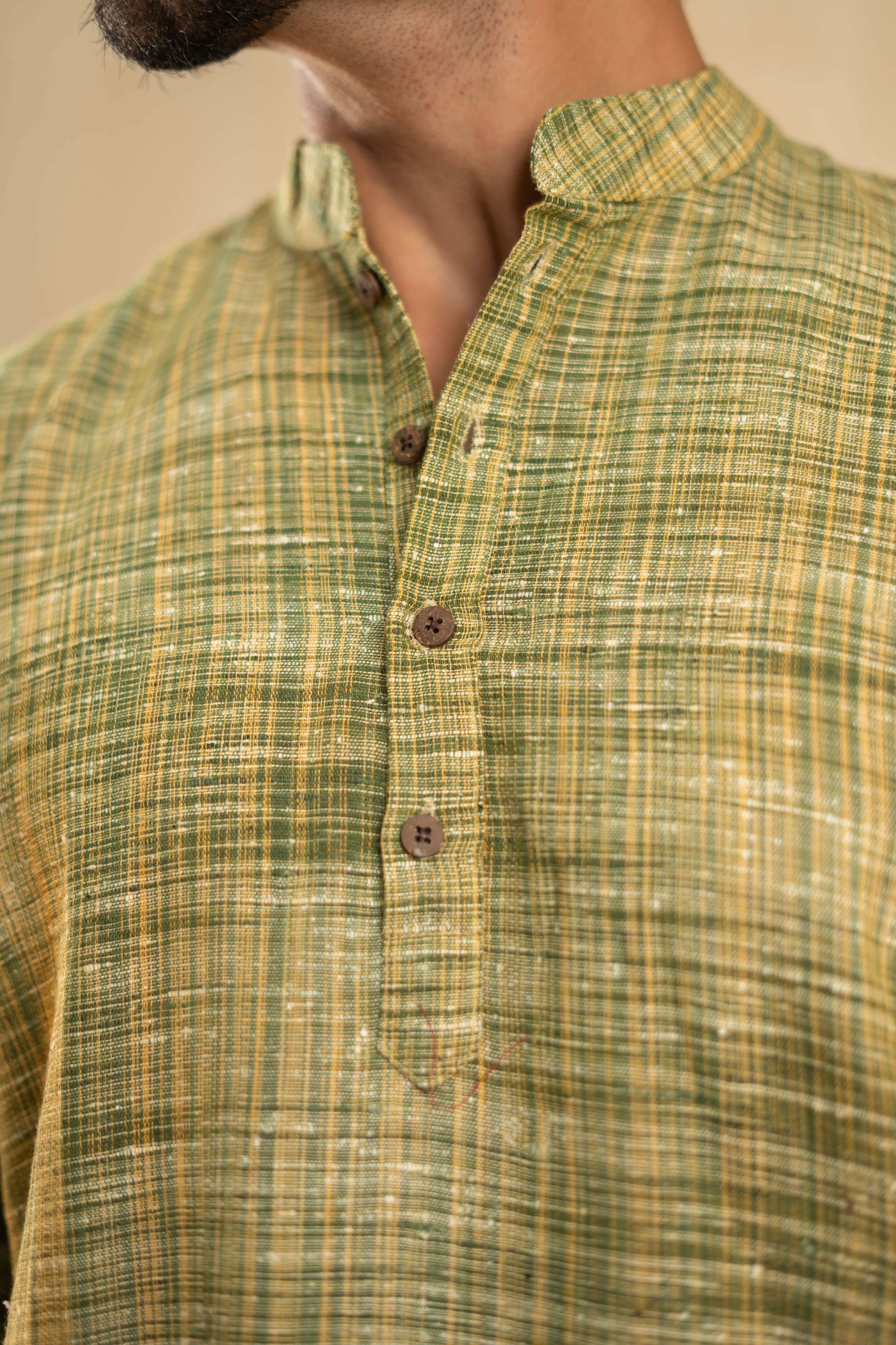 The Rustic Handwoven Long Kurta in Muddy Green and Light Brown Color