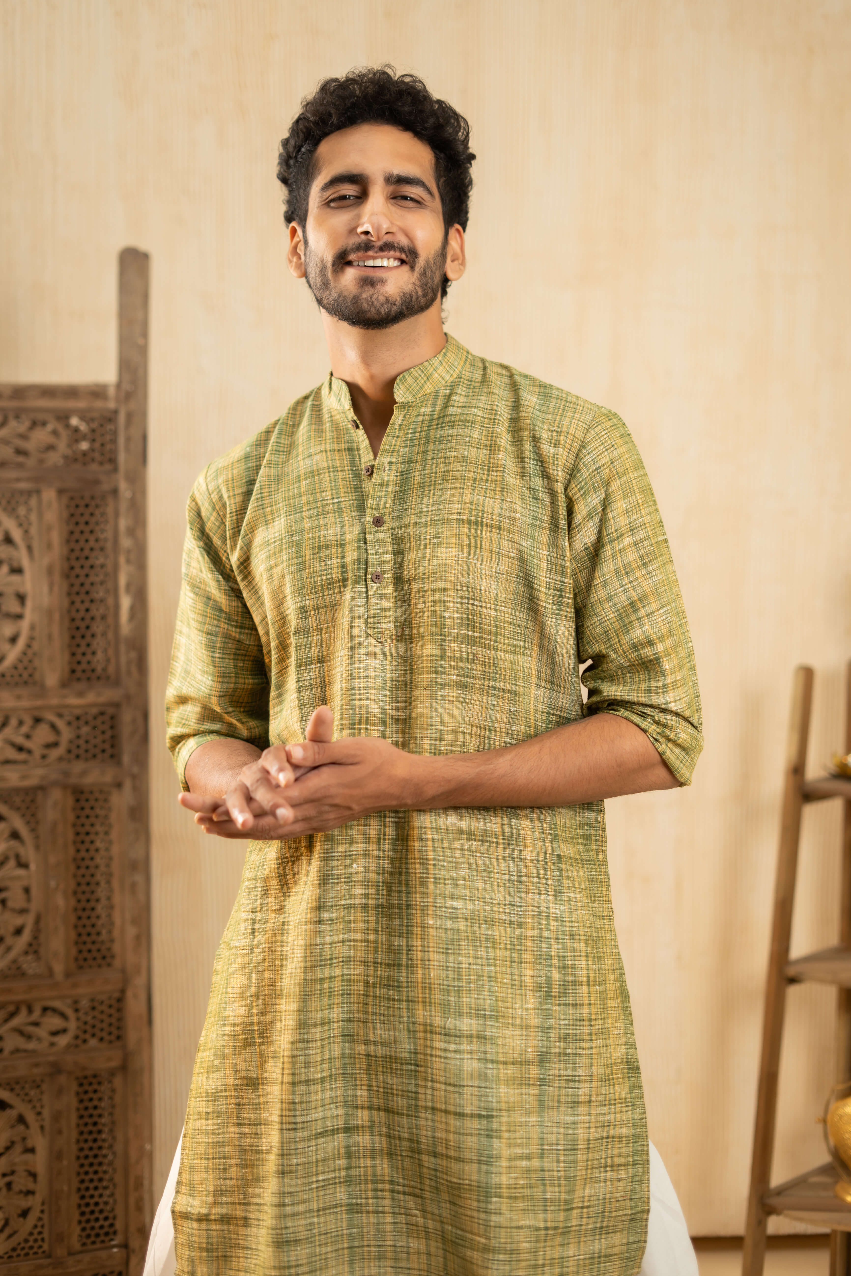 The Rustic Handwoven Long Kurta in Muddy Green and Light Brown Color