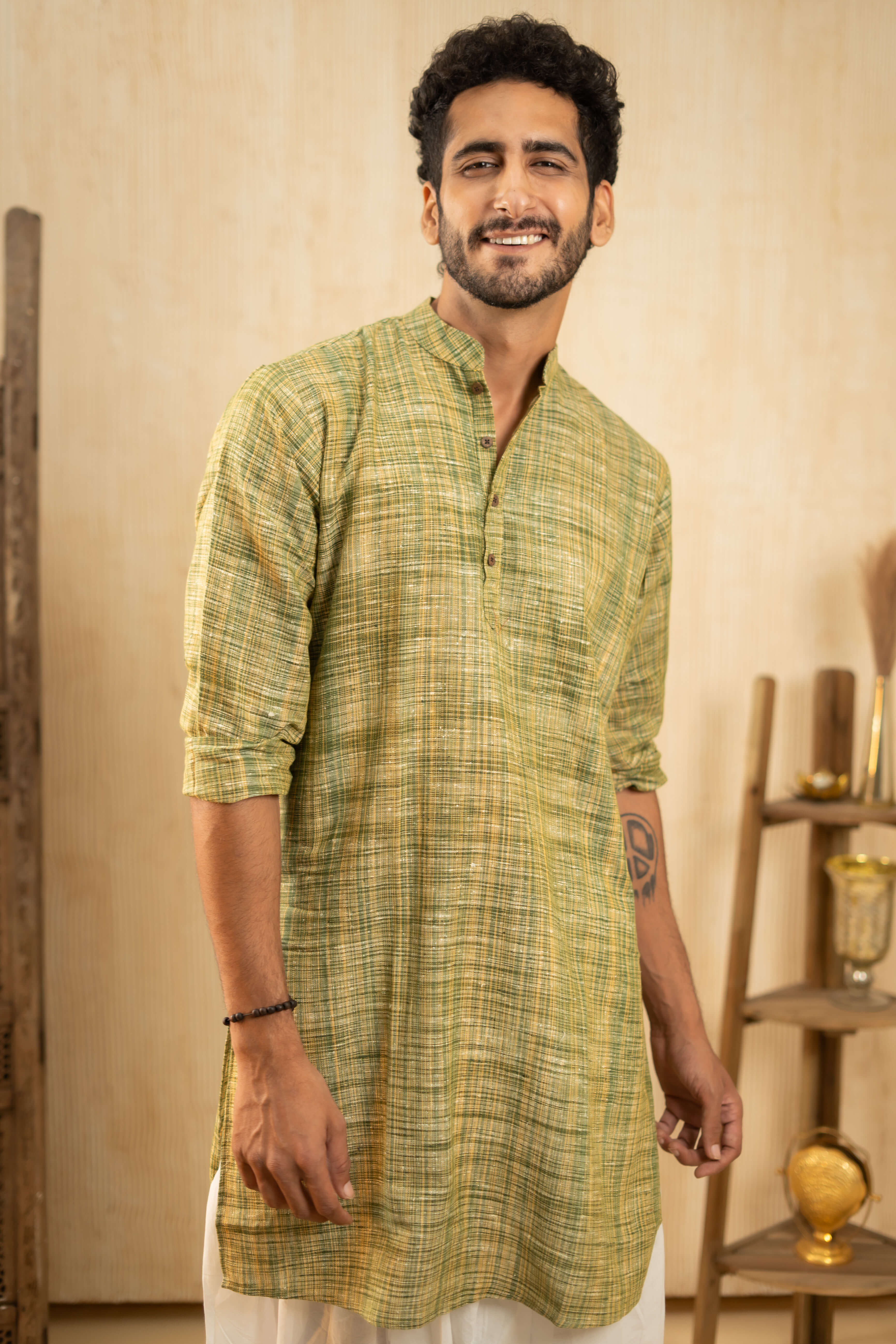The Rustic Handwoven Long Kurta in Muddy Green and Light Brown Color