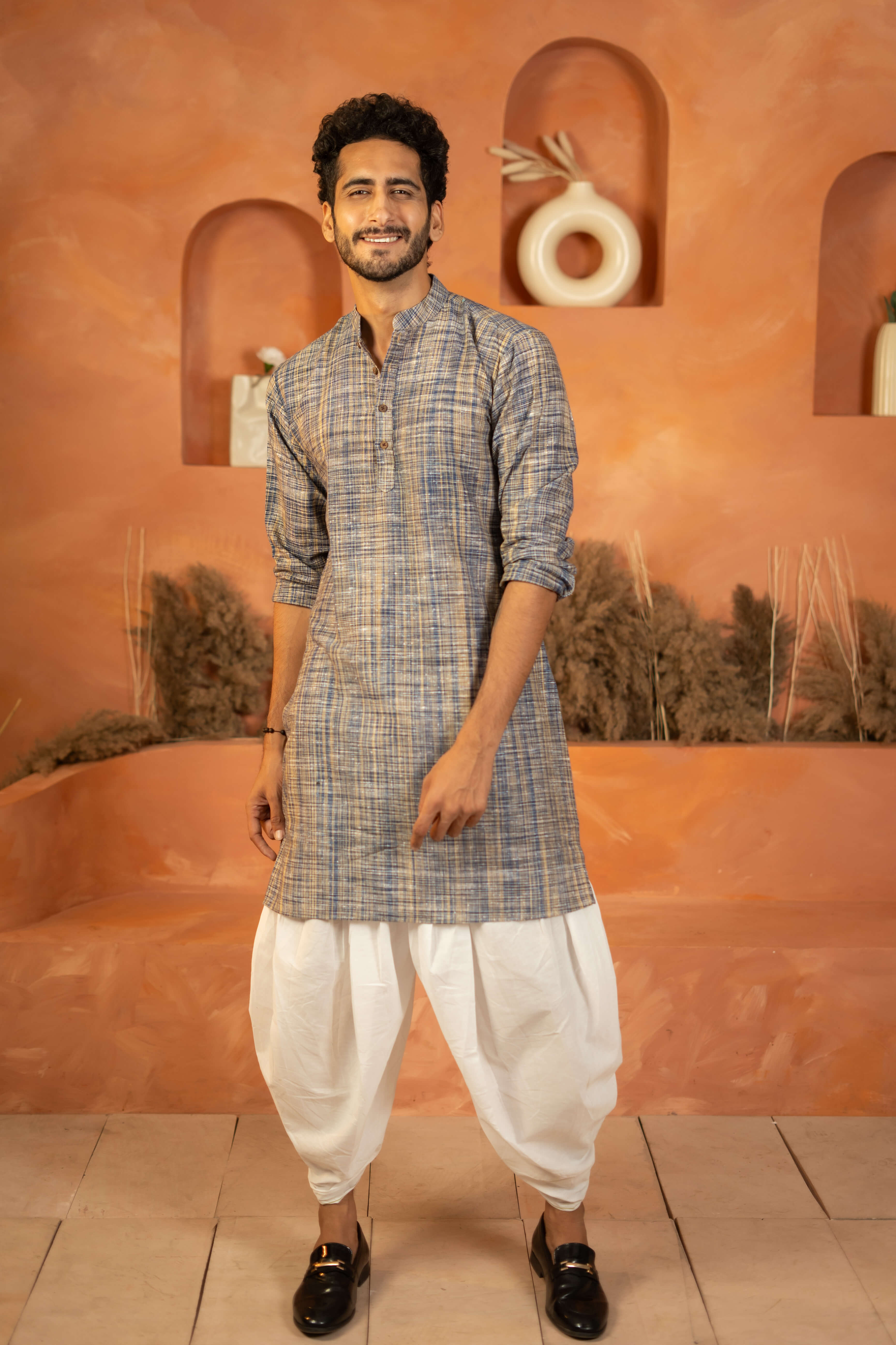 The Rustic Handwoven Long Kurta in Marble Blue and Light Brown Color