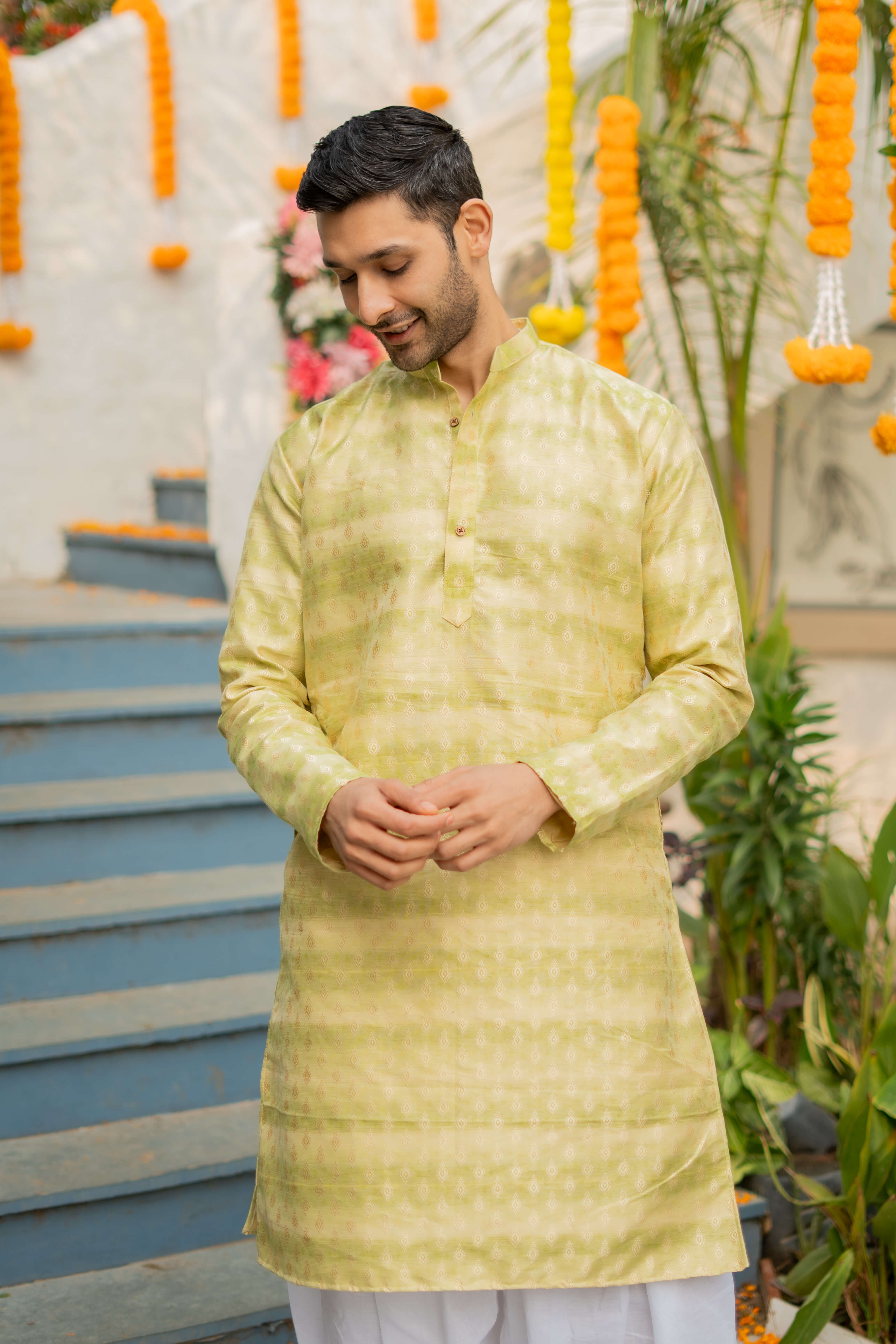 The Lime and Pear Green Long Kurta with Self Butti Work