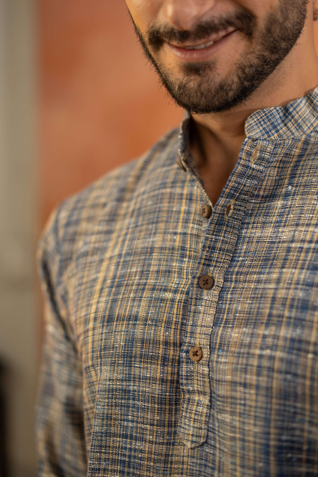 The Rustic Handwoven Long Kurta in Marble Blue and Light Brown Color