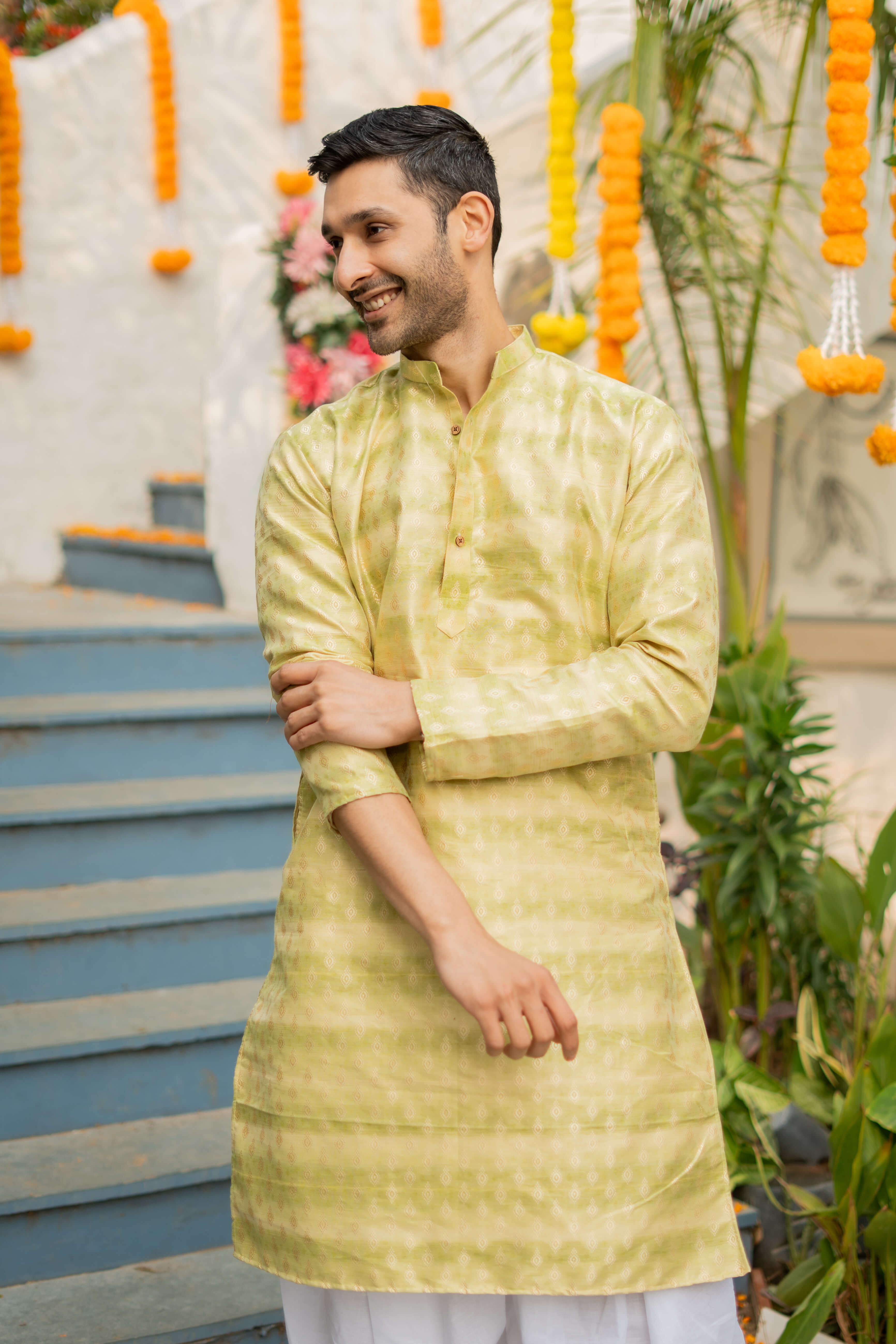 line and pears green long kurta for men