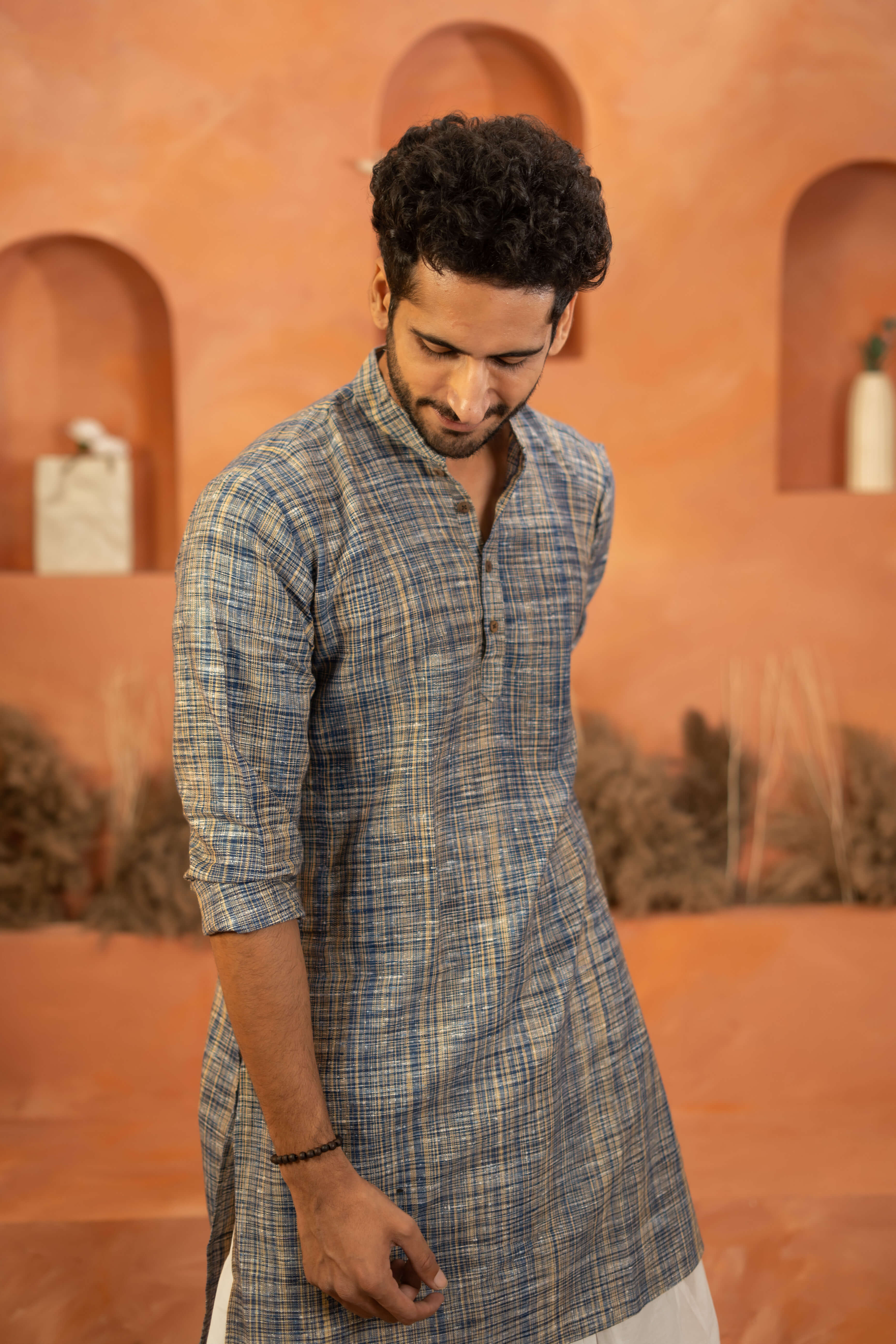 The Rustic Handwoven Long Kurta in Marble Blue and Light Brown Color