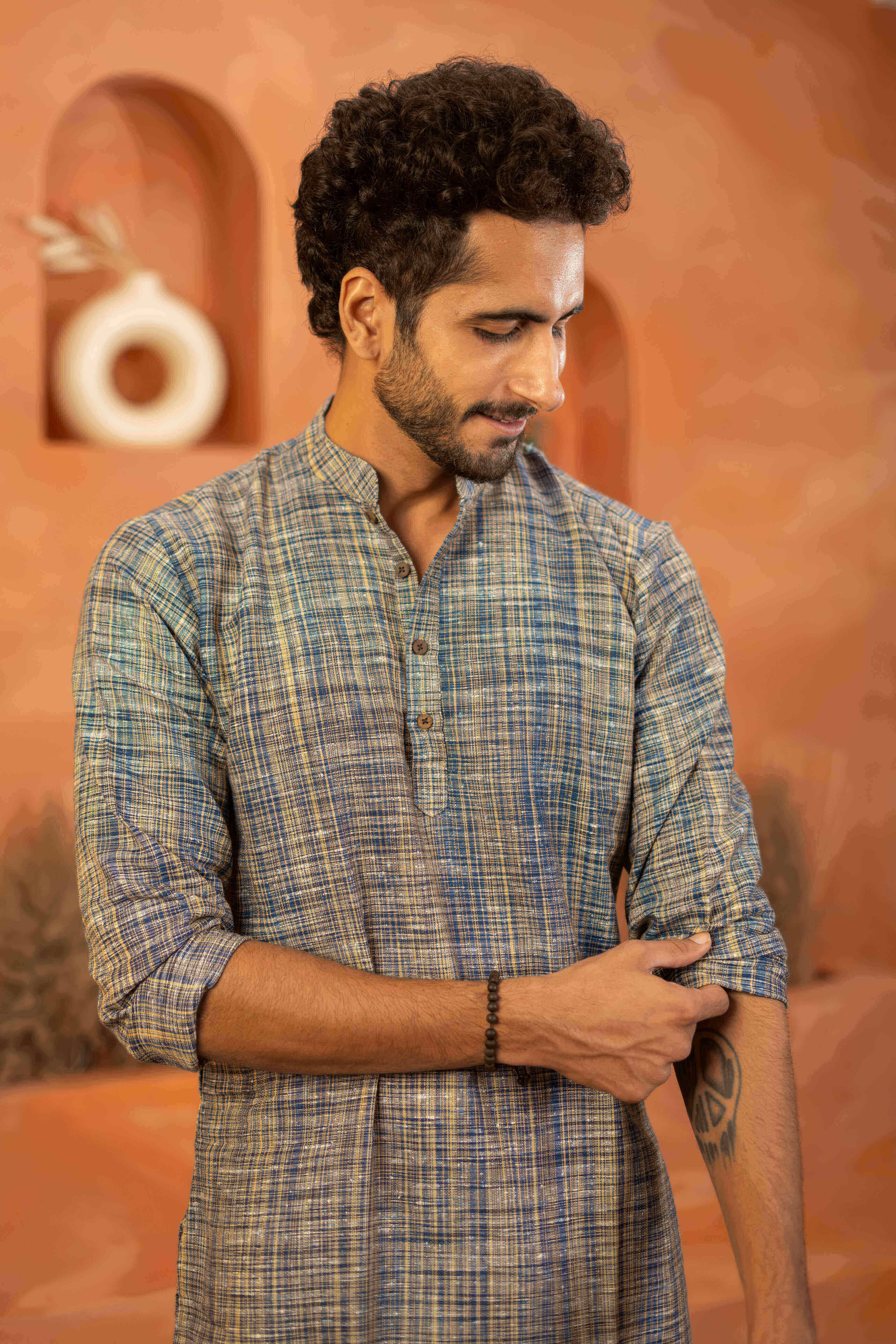 The Rustic Handwoven Long Kurta in Marble Blue and Light Brown Color
